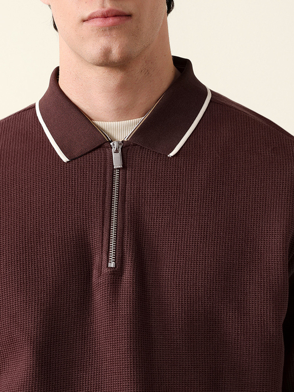 Image of THE BEAR HOUSE Self Design Men Polo Neck Brown T-Shirt