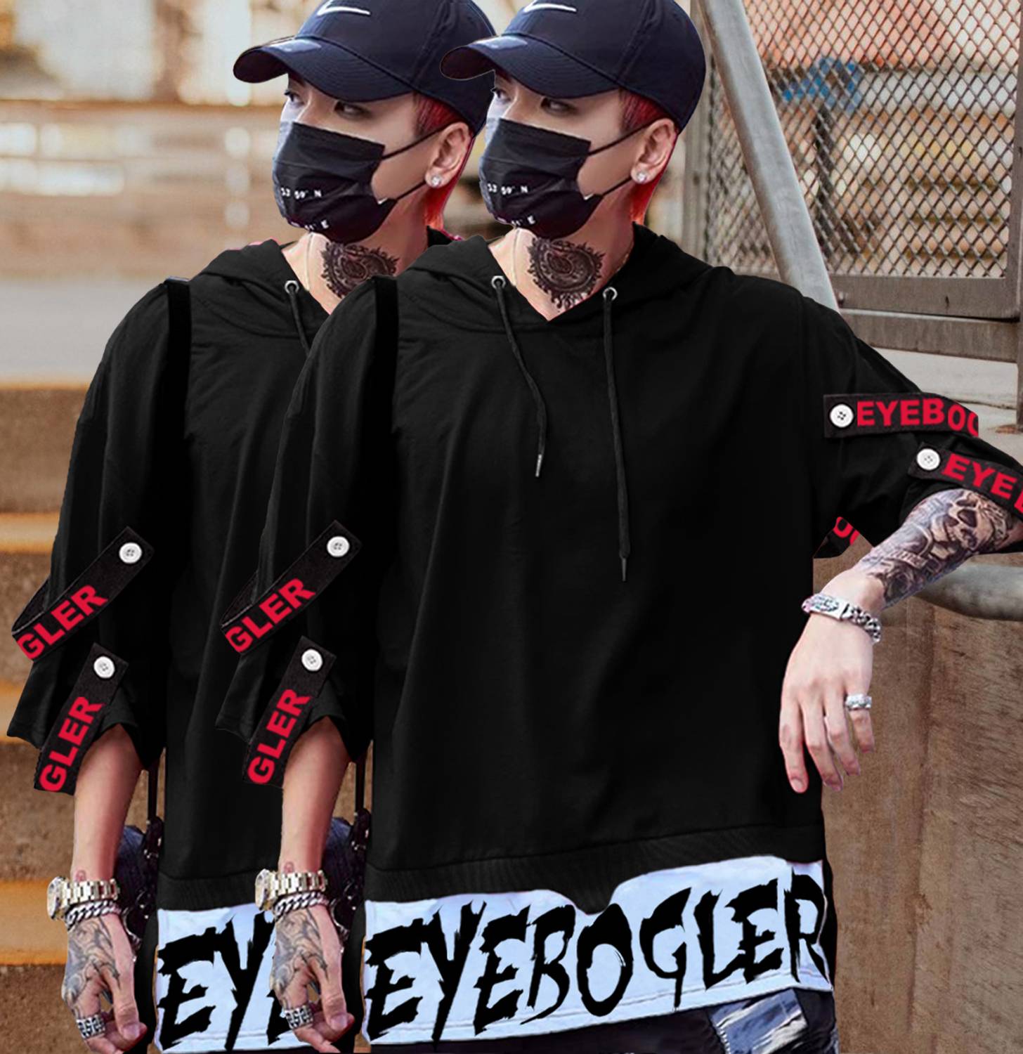 EyeBogler Pack of 2 Men Printed Hooded Neck Cotton Blend Black T-
