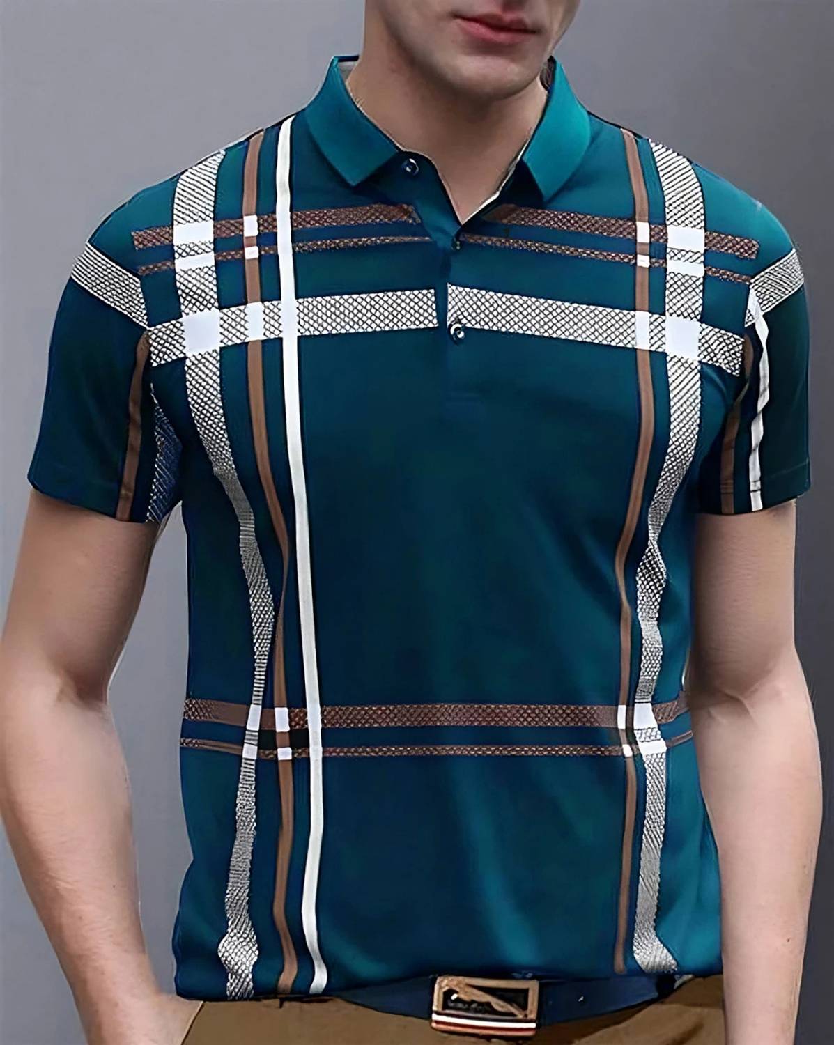 AUSK Men Checkered Polo Neck Cotton Blend Dark Blue, White T-Shir