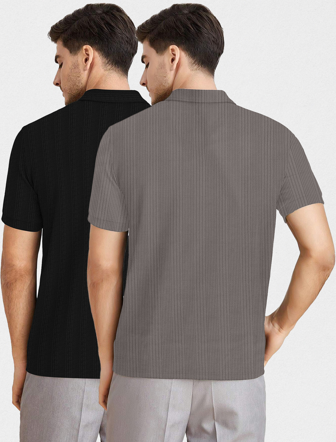 Image of KAJARU Self Design Men Zip Neck Black, Grey T-Shirt