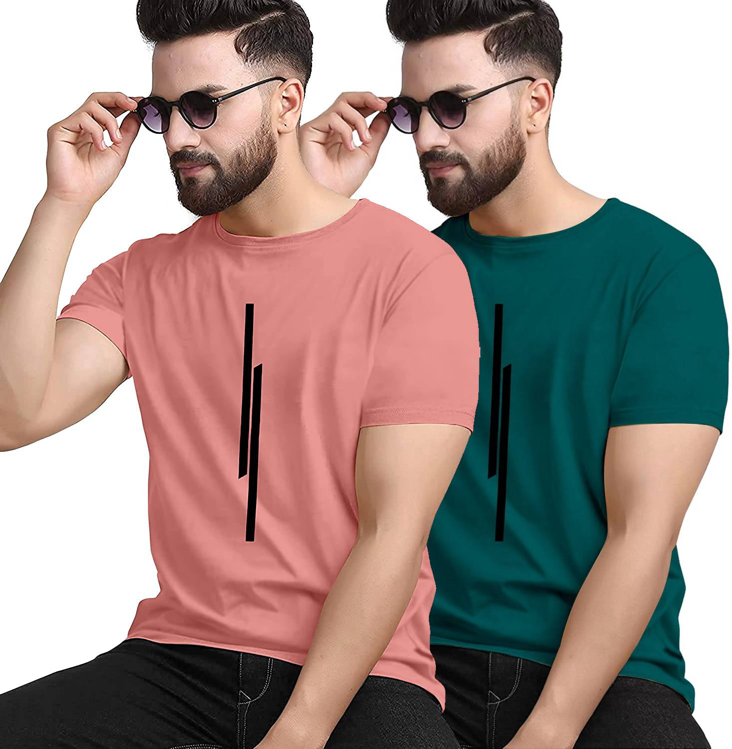 KAJARU Pack of 2 Men Striped Round Neck Polyester Pink, Dark Gree