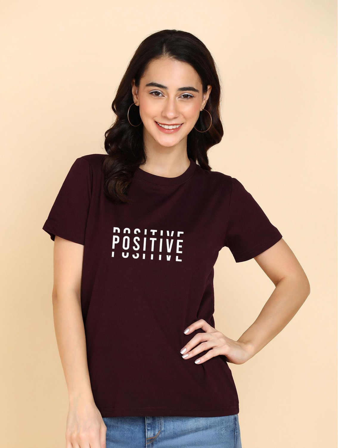 Image of Adyavastram Typography Women Round Neck Maroon T-Shirt