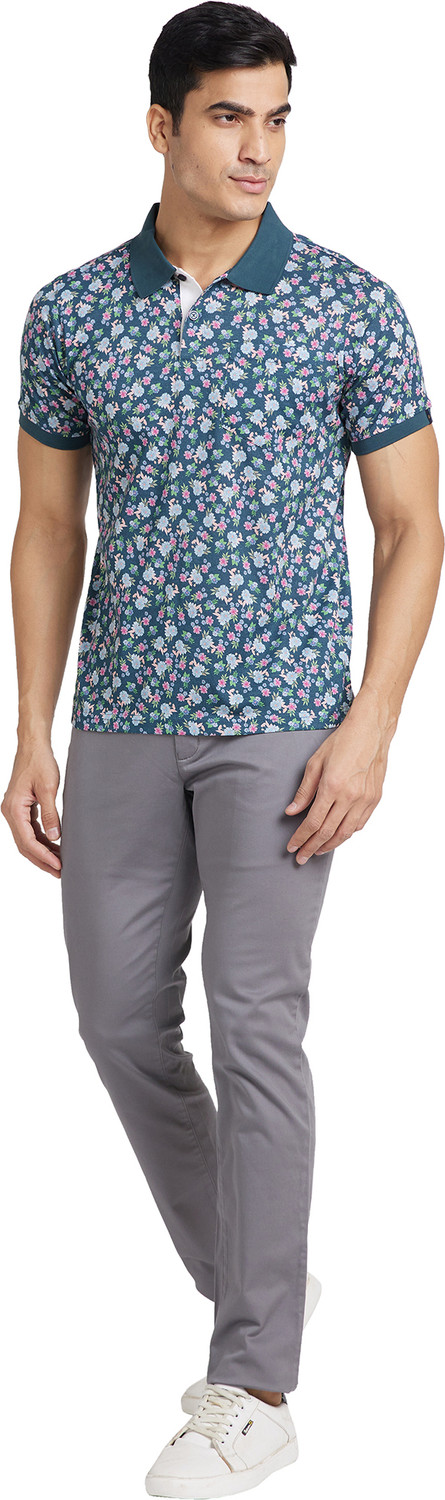 Image of Raymond Printed Men Polo Neck Blue T-Shirt