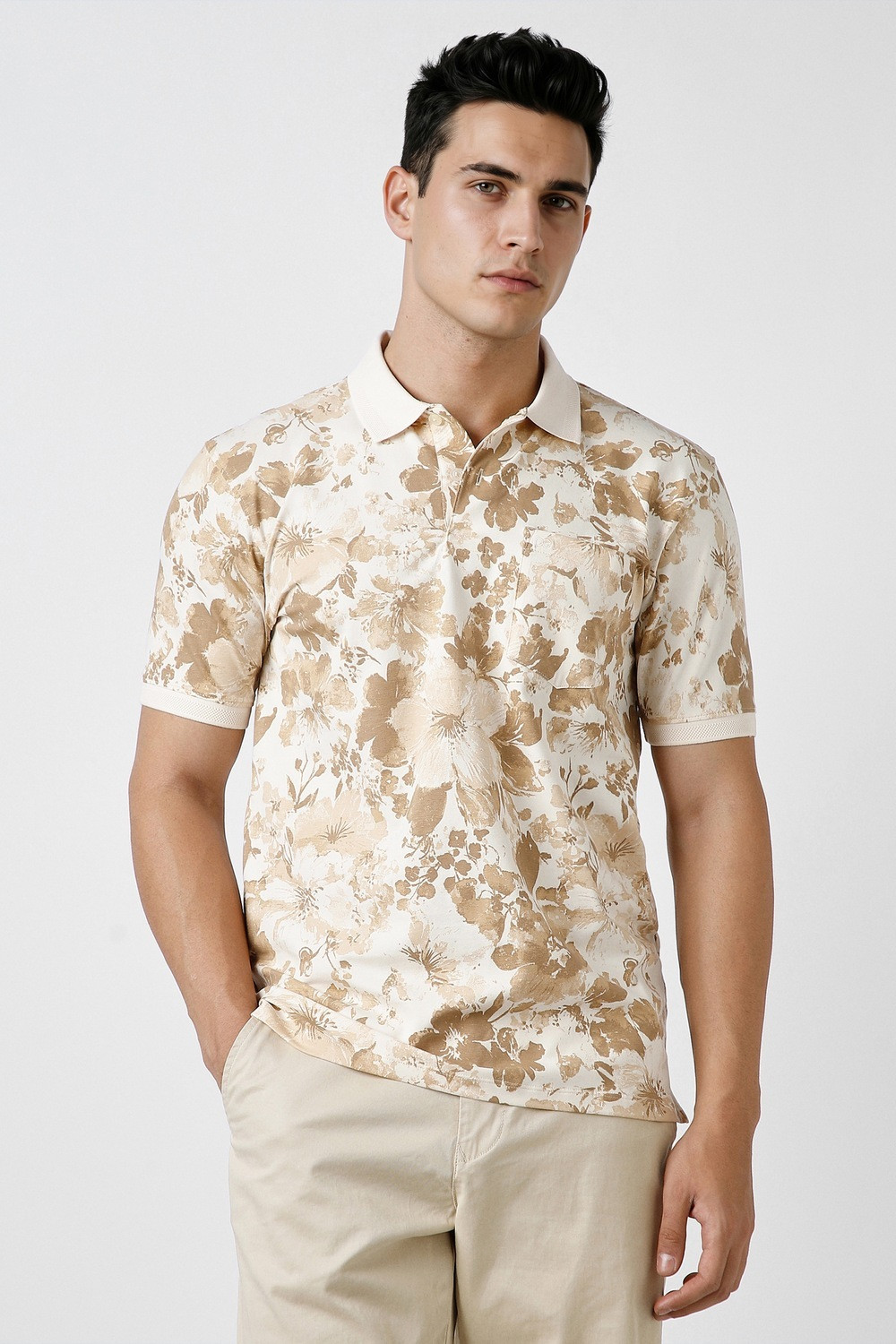Image of PETER ENGLAND Printed Men Polo Neck Beige T-Shirt