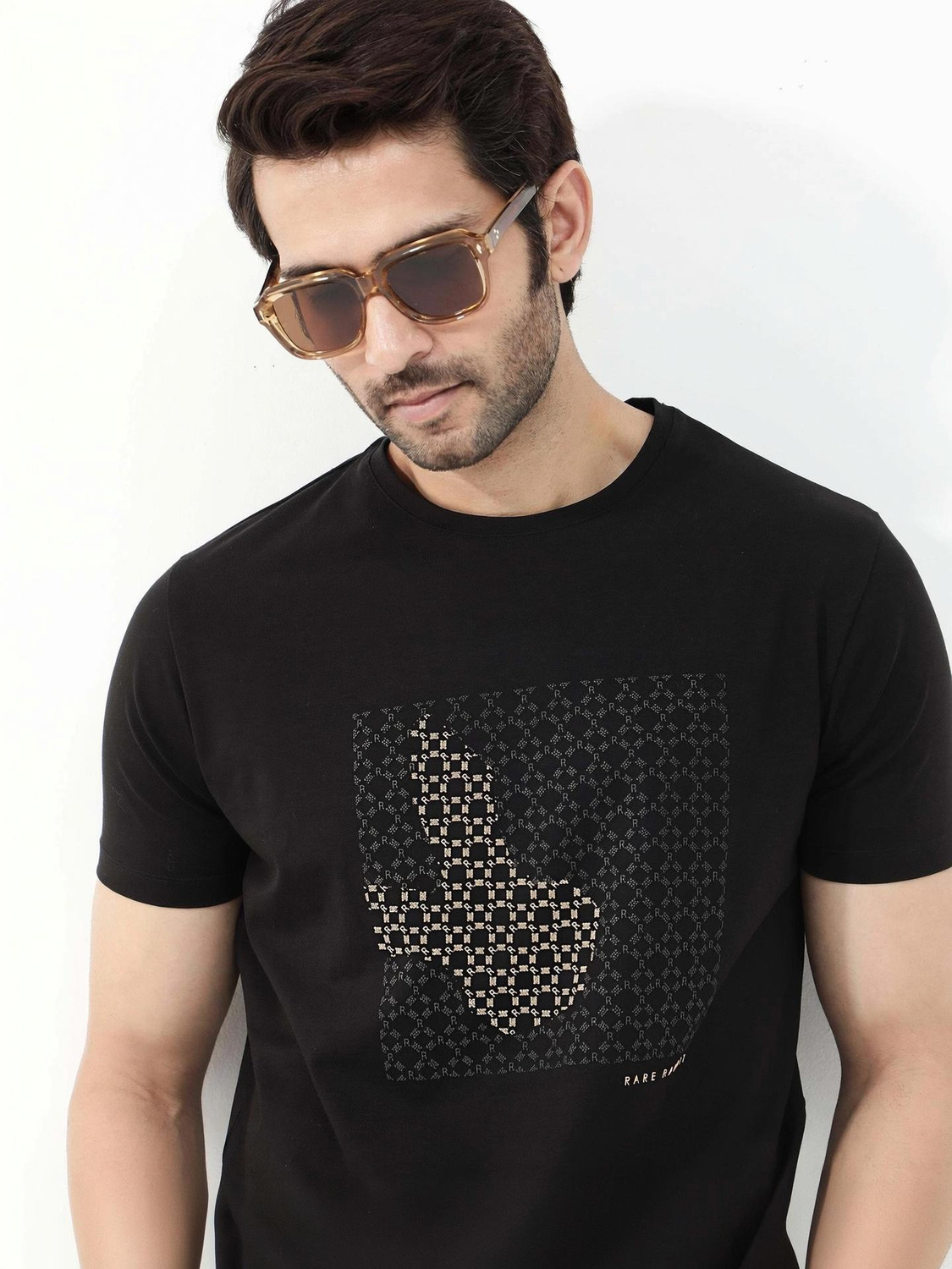 Image of RARE RABBIT Printed Men Round Neck Black T-Shirt
