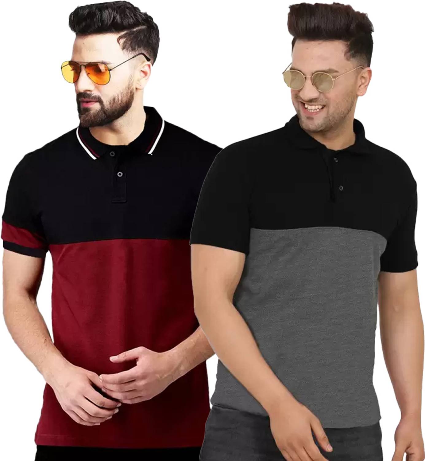Leotude Men Colorblock Polo Neck Cotton Blend Multicolor T-Shirt