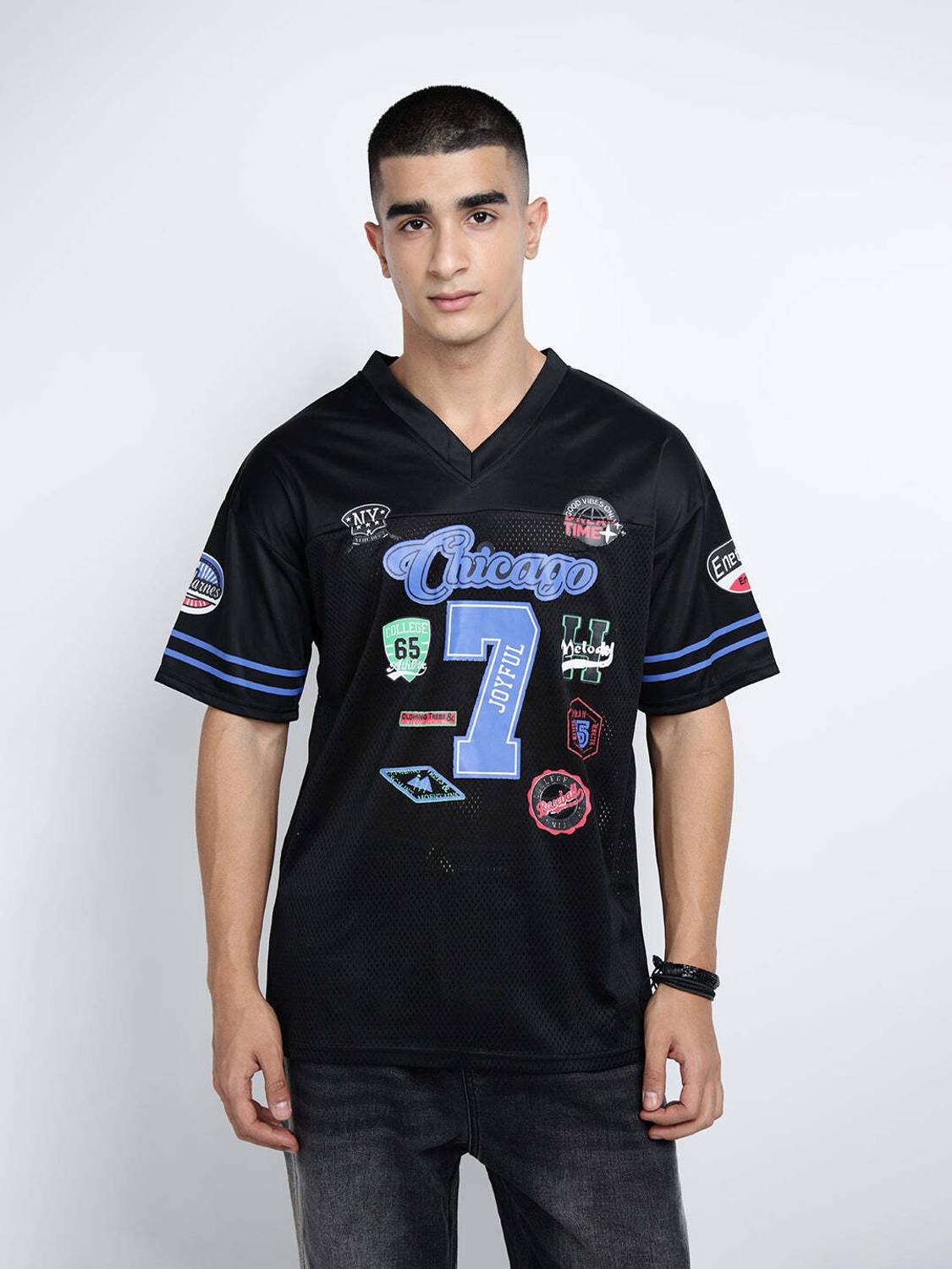SHOWOFFFF Men Printed V Neck Nylon Black T-Shirt