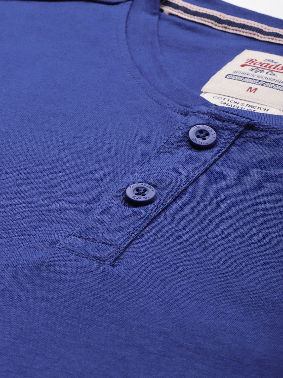Image of Roadster Men Solid Henley Neck Pure Cotton Blue T-Shirt