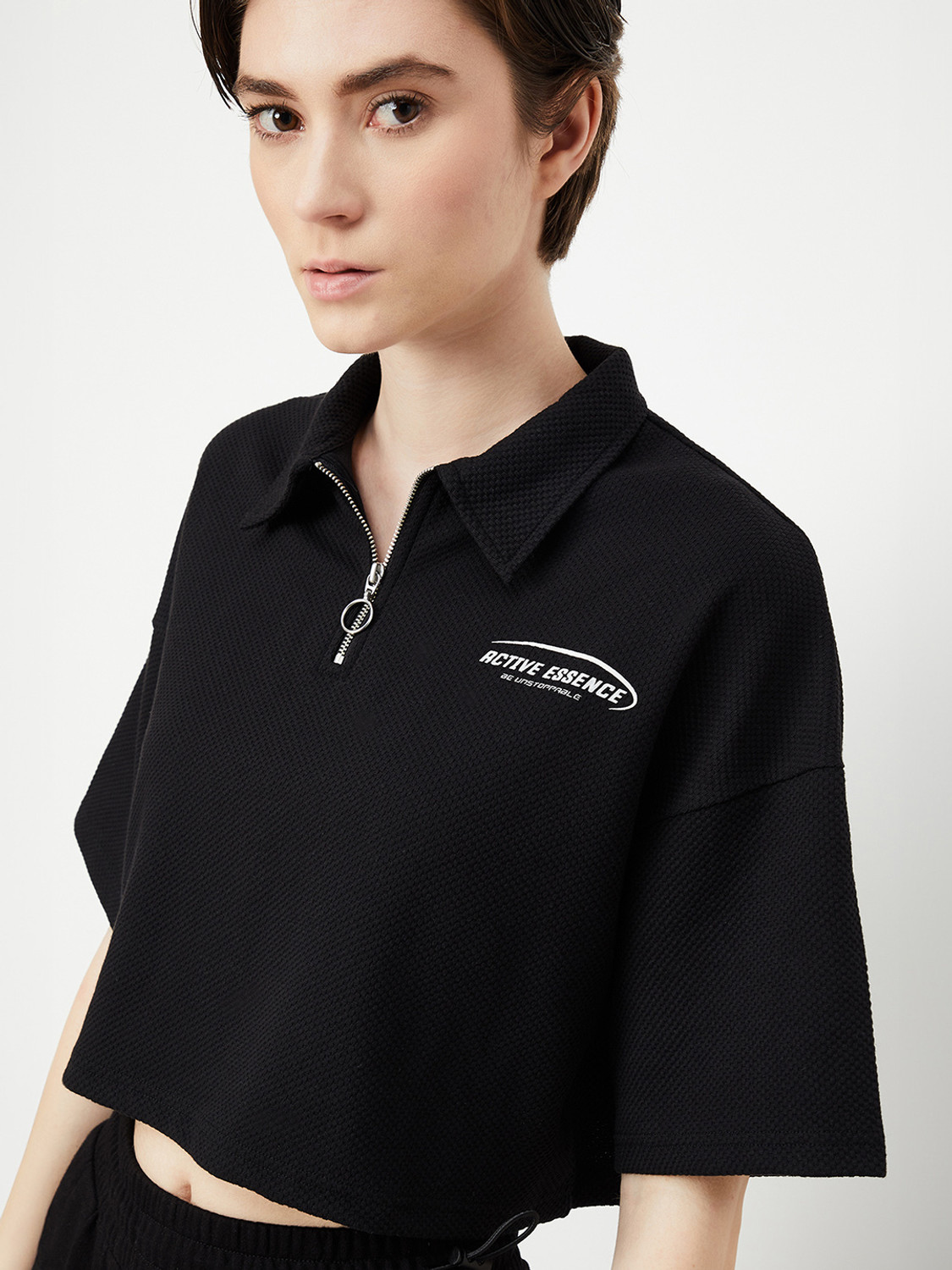 Image of MAX Printed Women Polo Neck Black T-Shirt