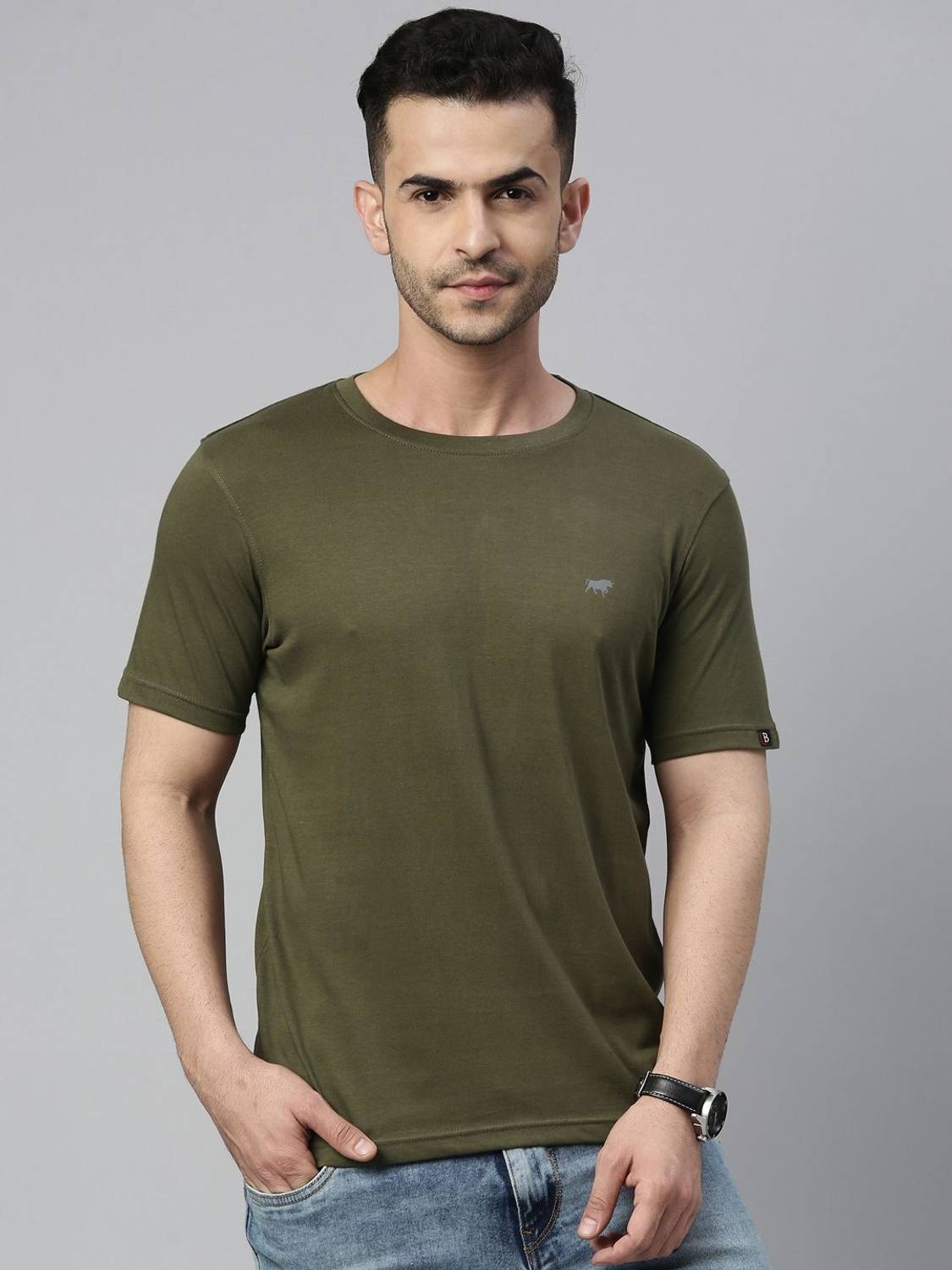 Bushirt Solid Men Round Neck Light Green T-Shirt