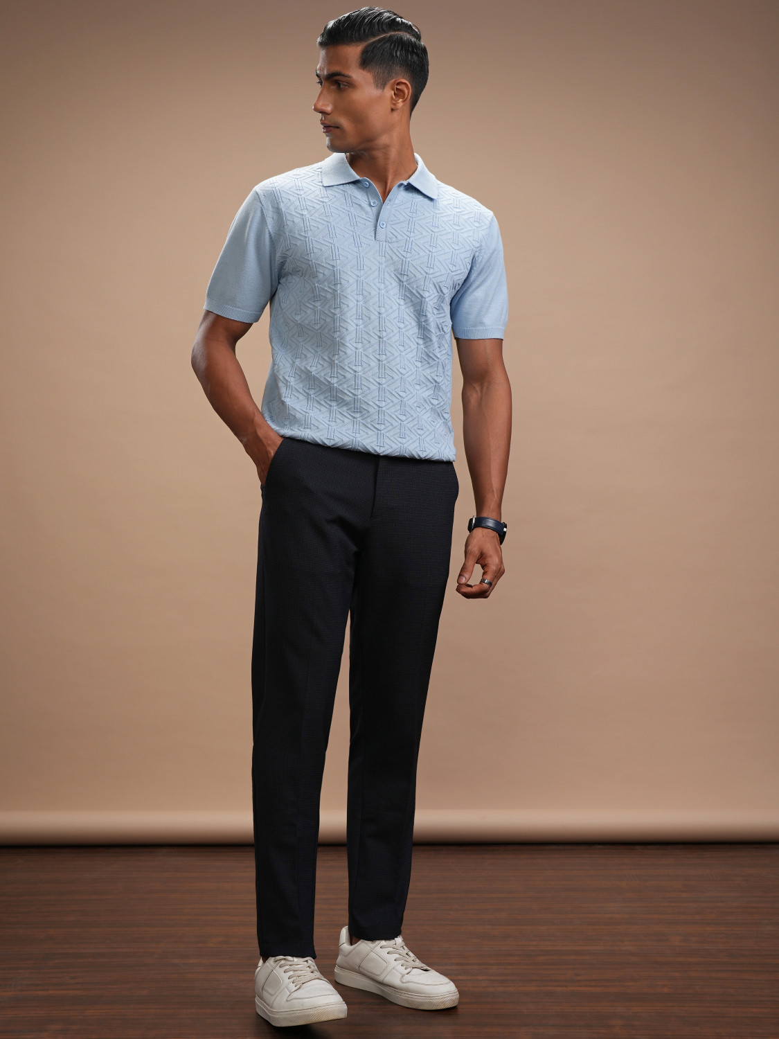 Image of HIGHLANDER Self Design Men Polo Neck Blue T-Shirt