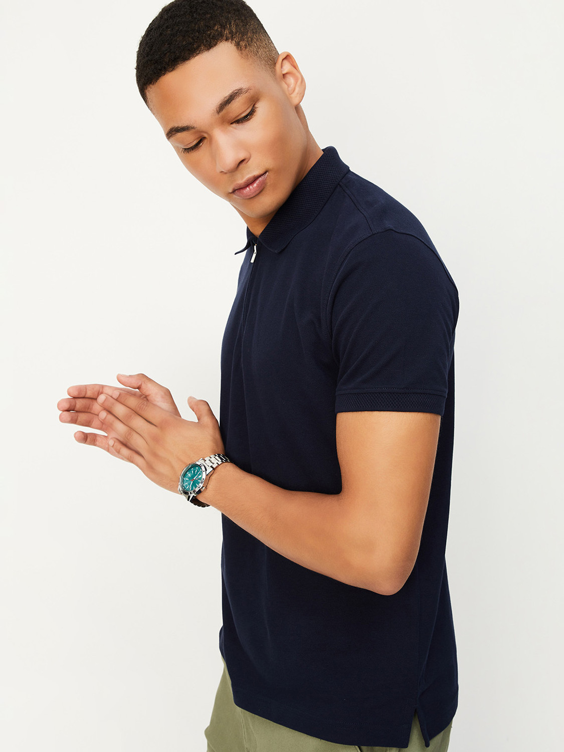 Image of MAX Printed Men Polo Neck Dark Blue T-Shirt