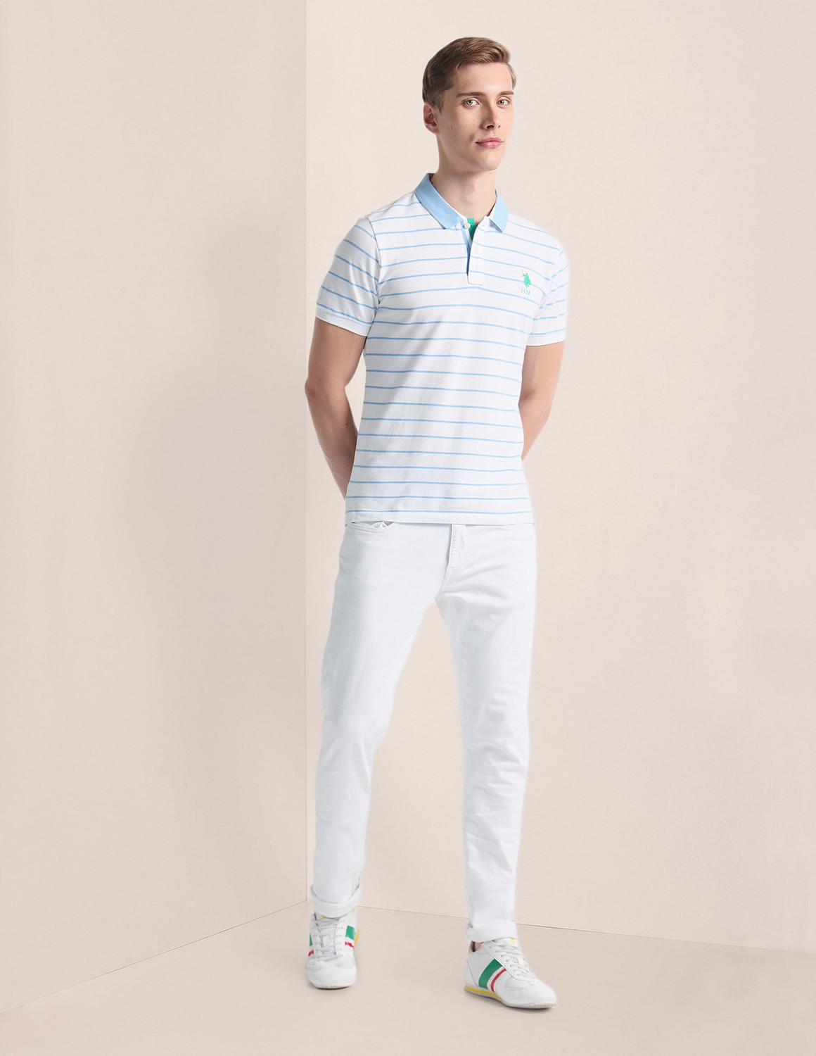 Image of U.S. POLO ASSN. Striped Men Polo Neck White T-Shirt