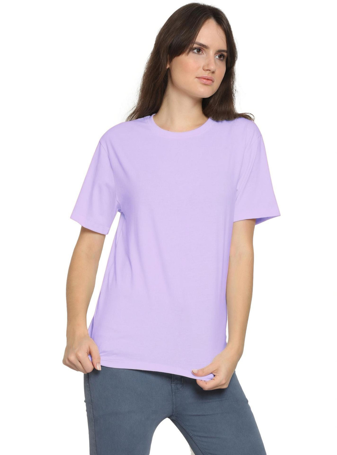 Image of YouthPoi Solid Women Round Neck Purple T-Shirt