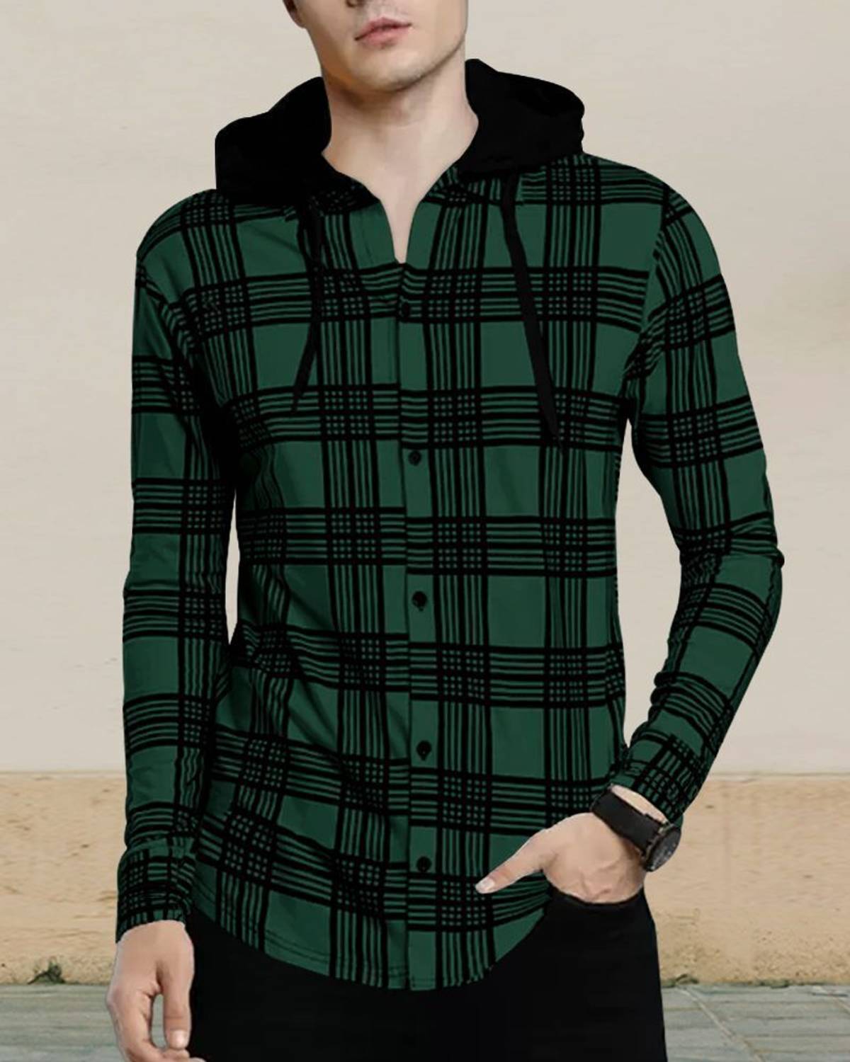 EyeBogler Men Colorblock Hooded Neck Cotton Blend Green T-Shirt