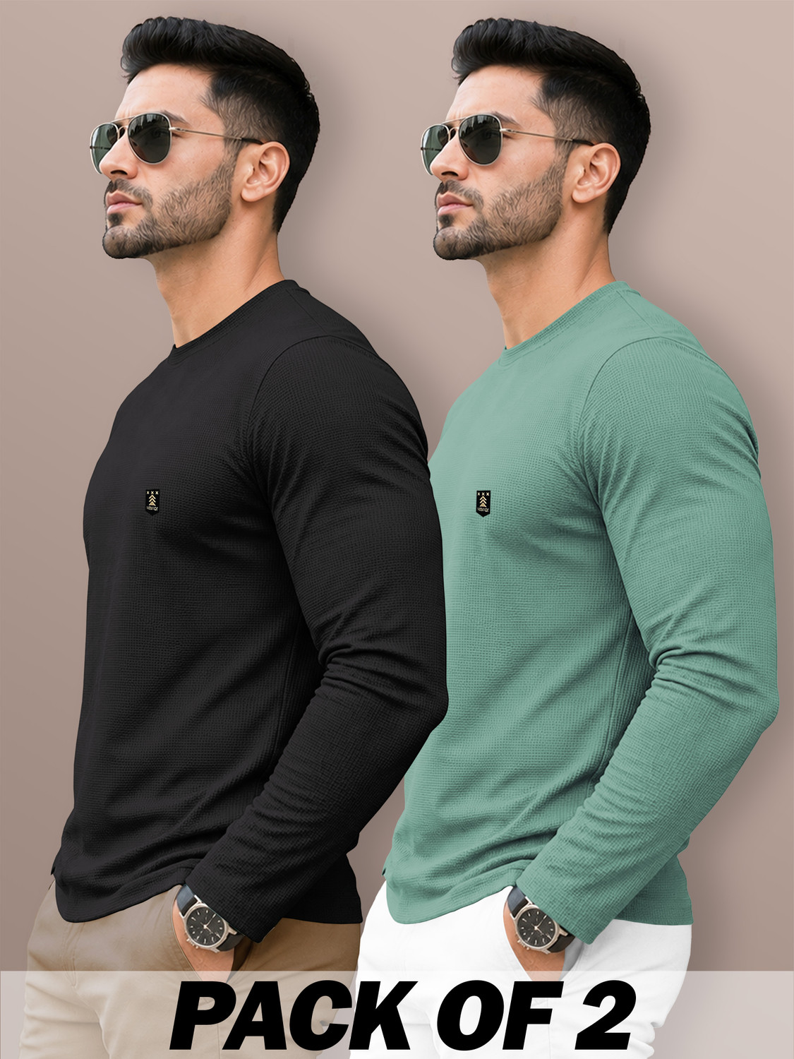 Image of VeBNoR Self Design Men Round Neck Black, Light Green T-Shirt