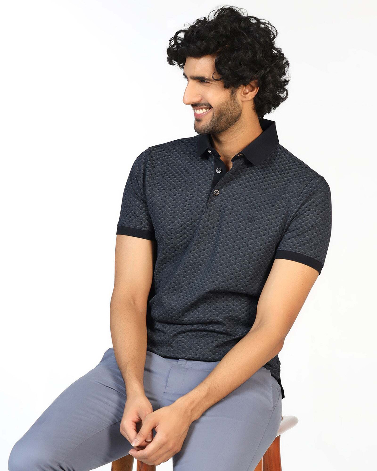 Image of Blackberrys Self Design Men Polo Neck Black T-Shirt