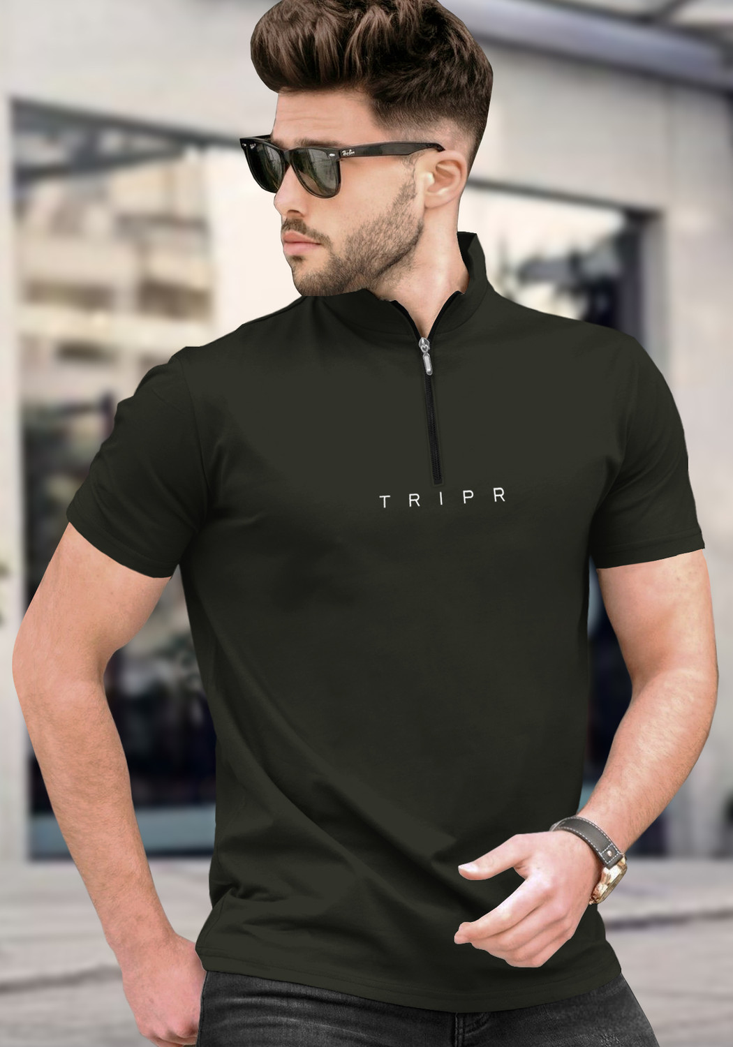 Image of TRIPR Solid Men Mandarin Collar Dark Green T-Shirt