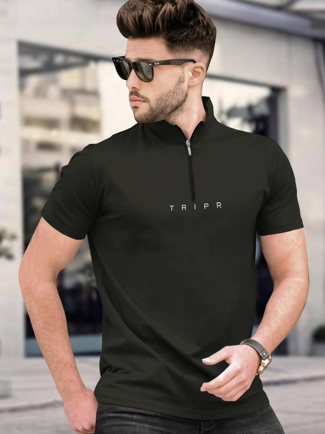 Image of TRIPR Solid Men Mandarin Collar Dark Green T-Shirt