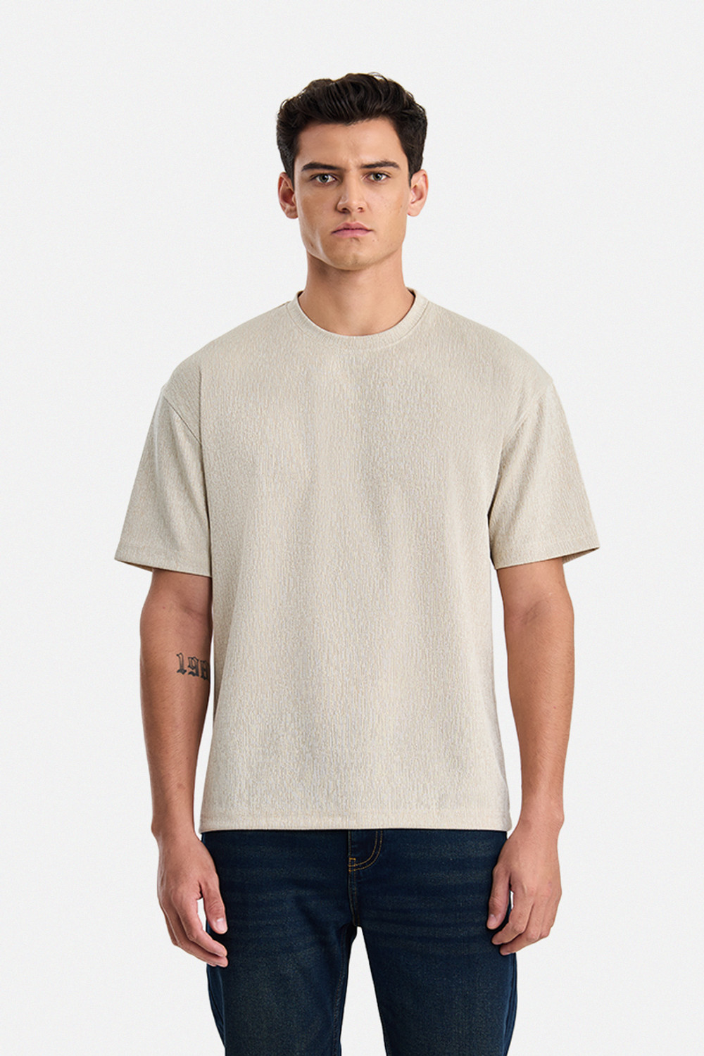 Image of Snitch Solid Men Round Neck Beige T-Shirt