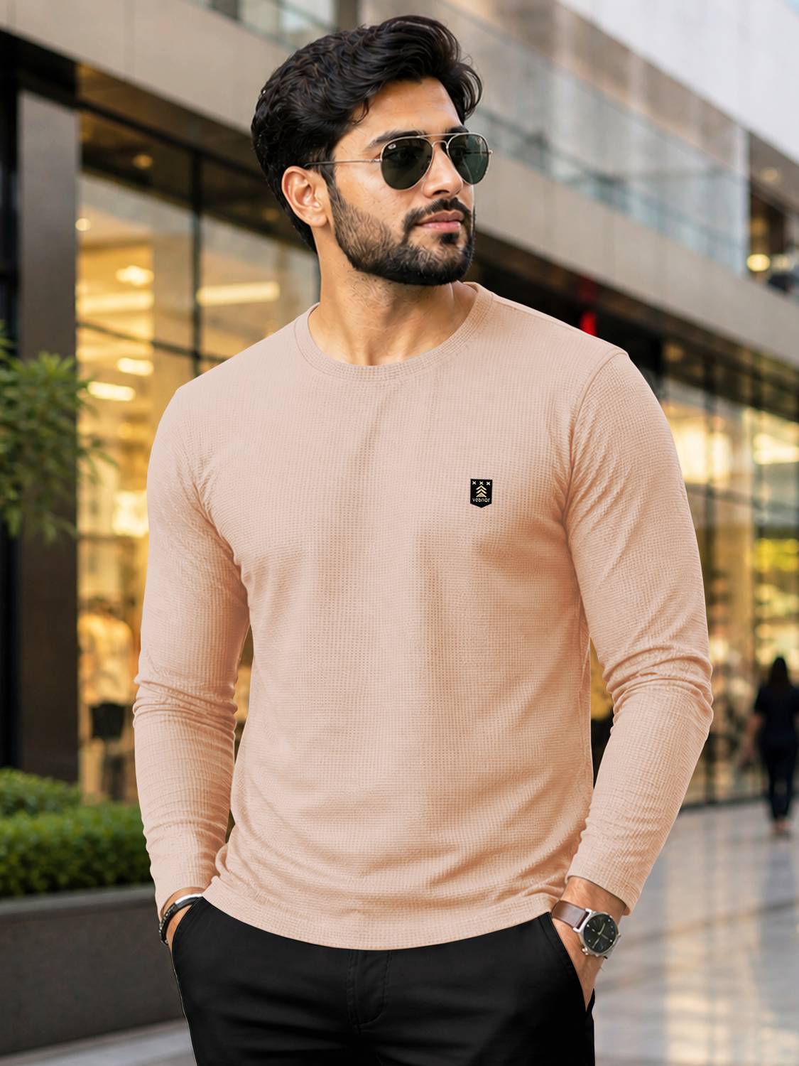 VeBNoR Men Solid Round Neck Cotton Blend Beige T-Shirt