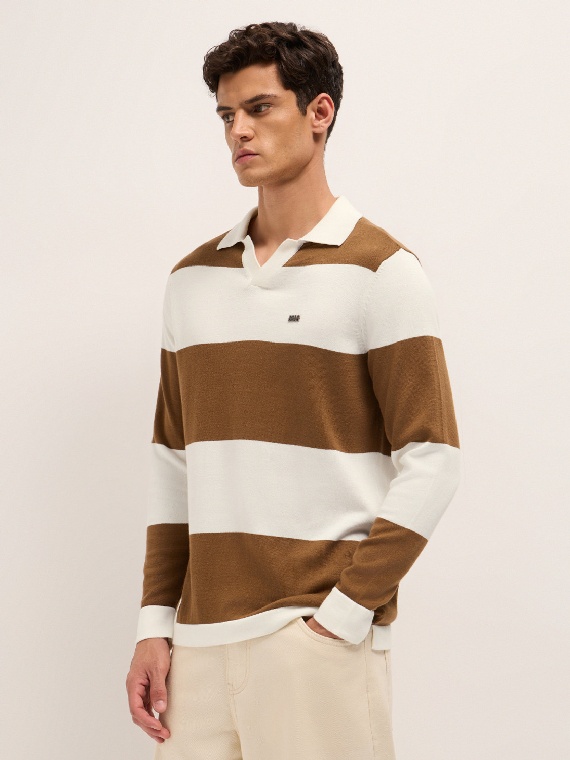Image of THE BEAR HOUSE Striped Men Polo Neck Brown T-Shirt