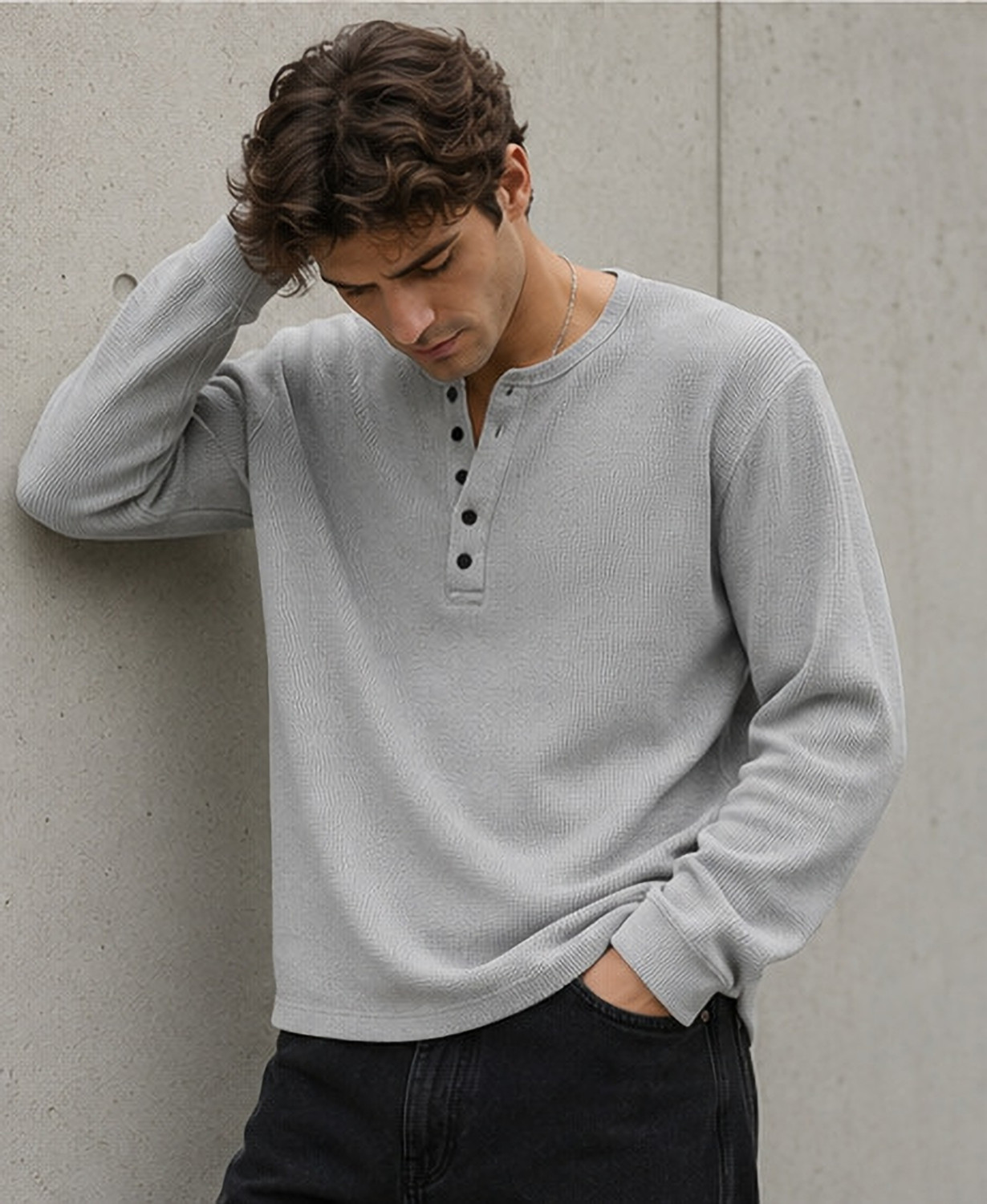 Image of NOOK Self Design Men Henley Neck Grey T-Shirt