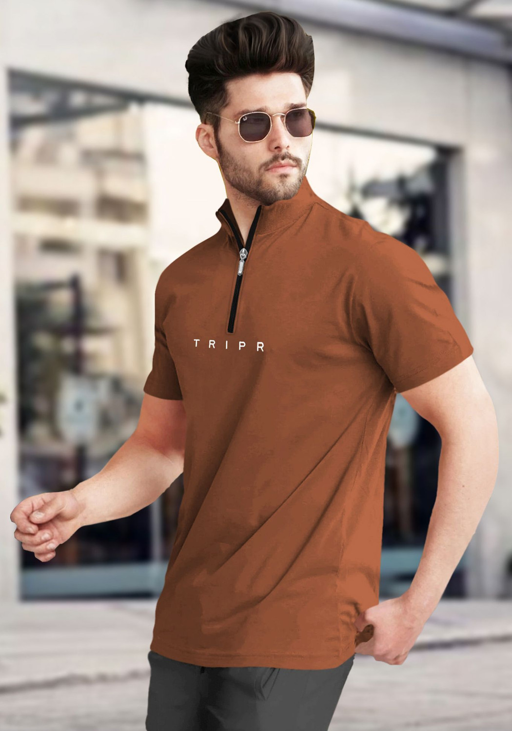 Image of TRIPR Printed Men Mandarin Collar Brown T-Shirt