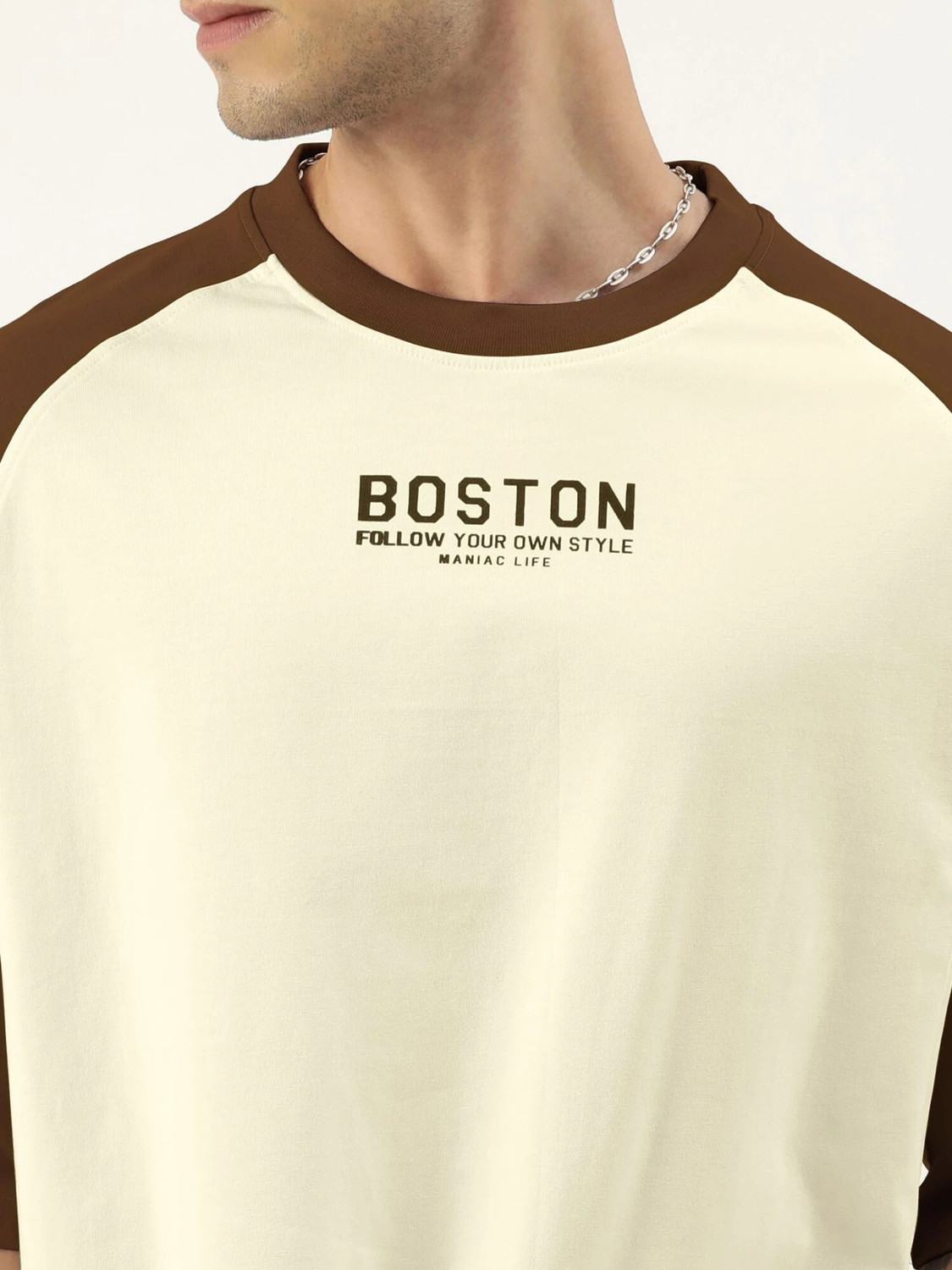 Image of MANIAC Printed Men Round Neck Beige T-Shirt