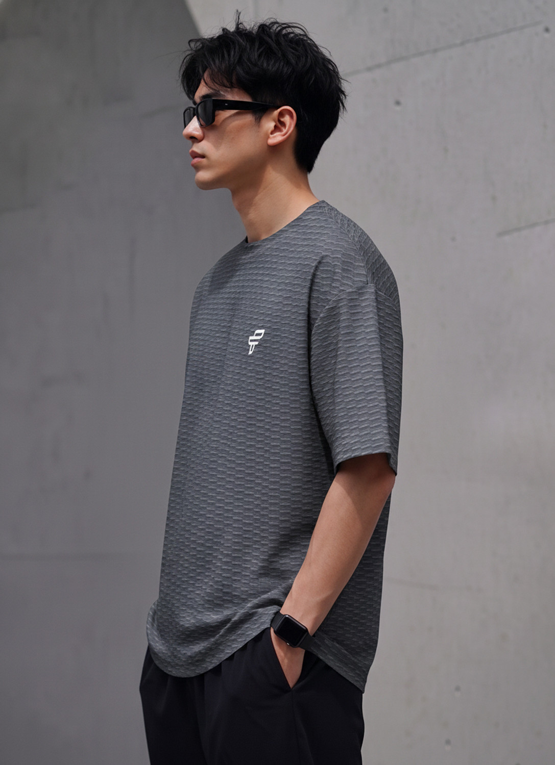 Image of FEEL TRACK Men Self Design Round Neck Elastane Grey T-Shirt