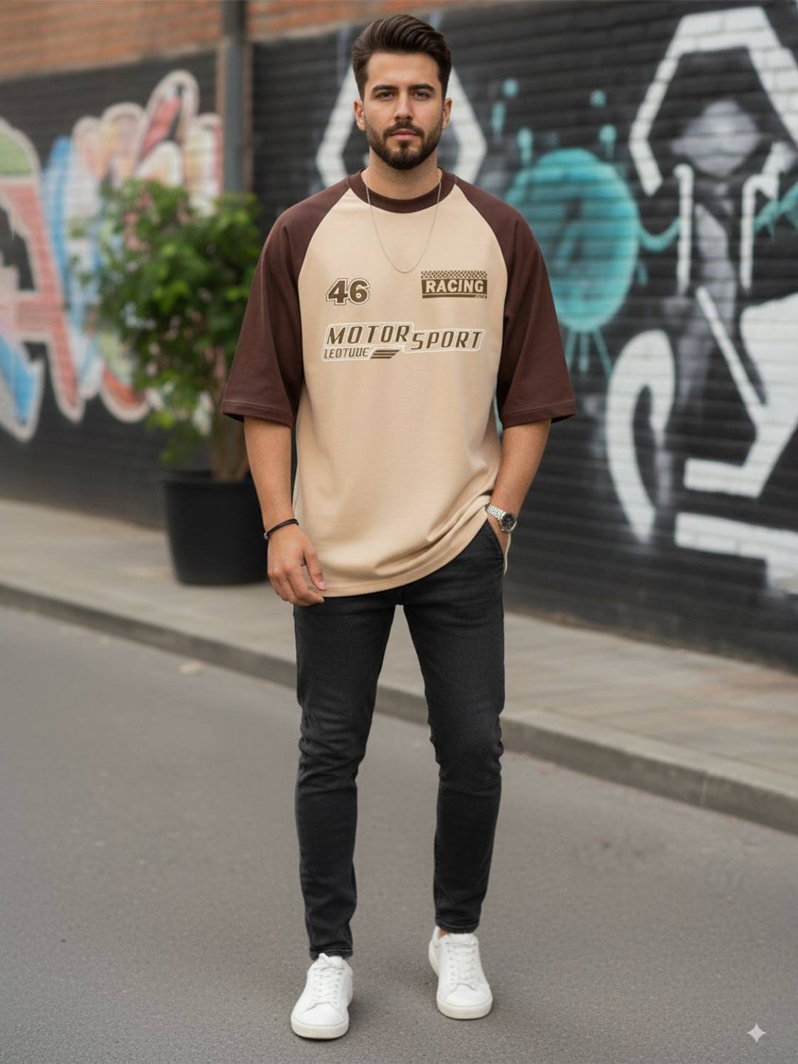 Leotude Men Beige Round Neck Printed T-Shirt - Image 4