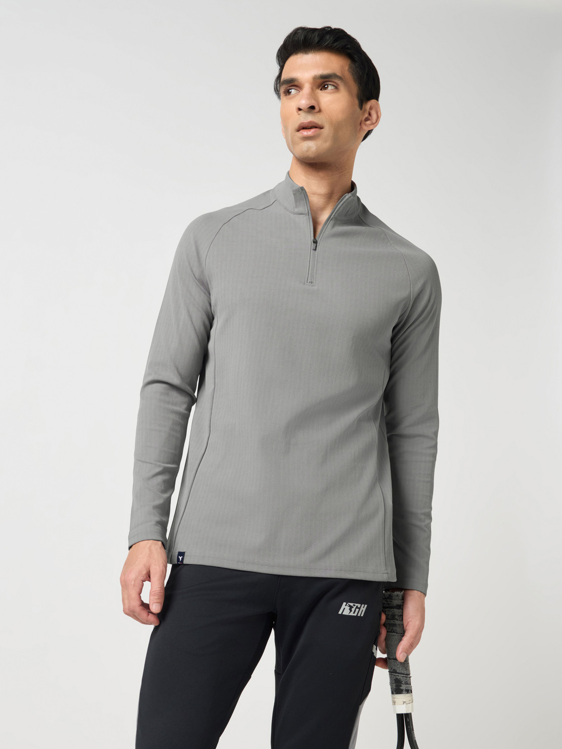 Image of TECHNOSPORT Solid Men Zip Neck Grey T-Shirt