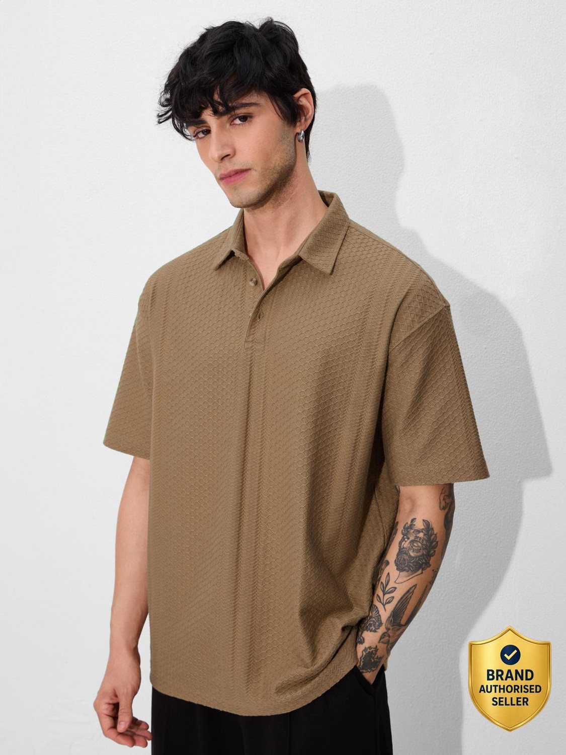 Image of The Souled Store Solid Men Polo Neck Brown T-Shirt