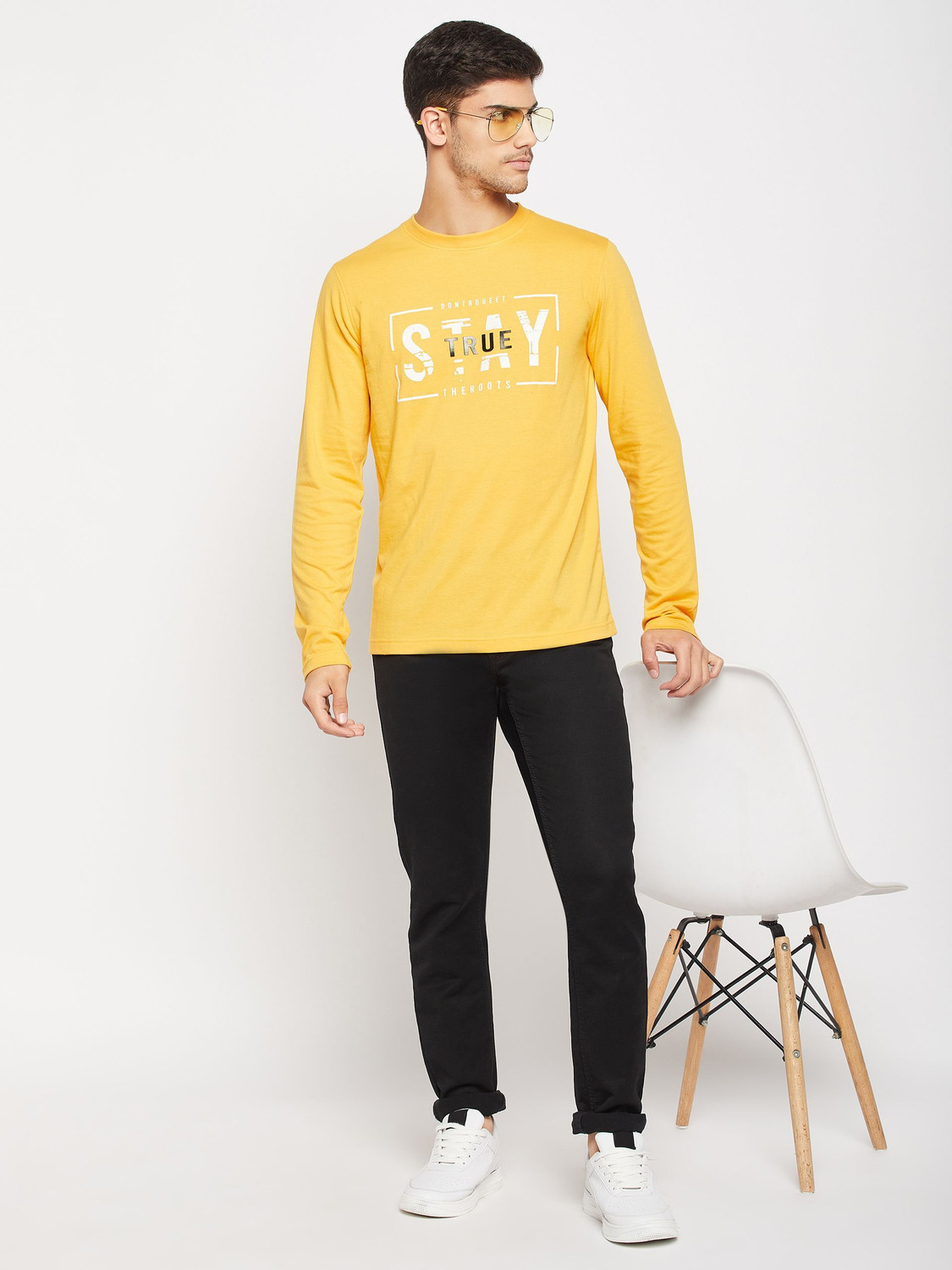 Image of Club York Typography Men Round Neck Yellow T-Shirt
