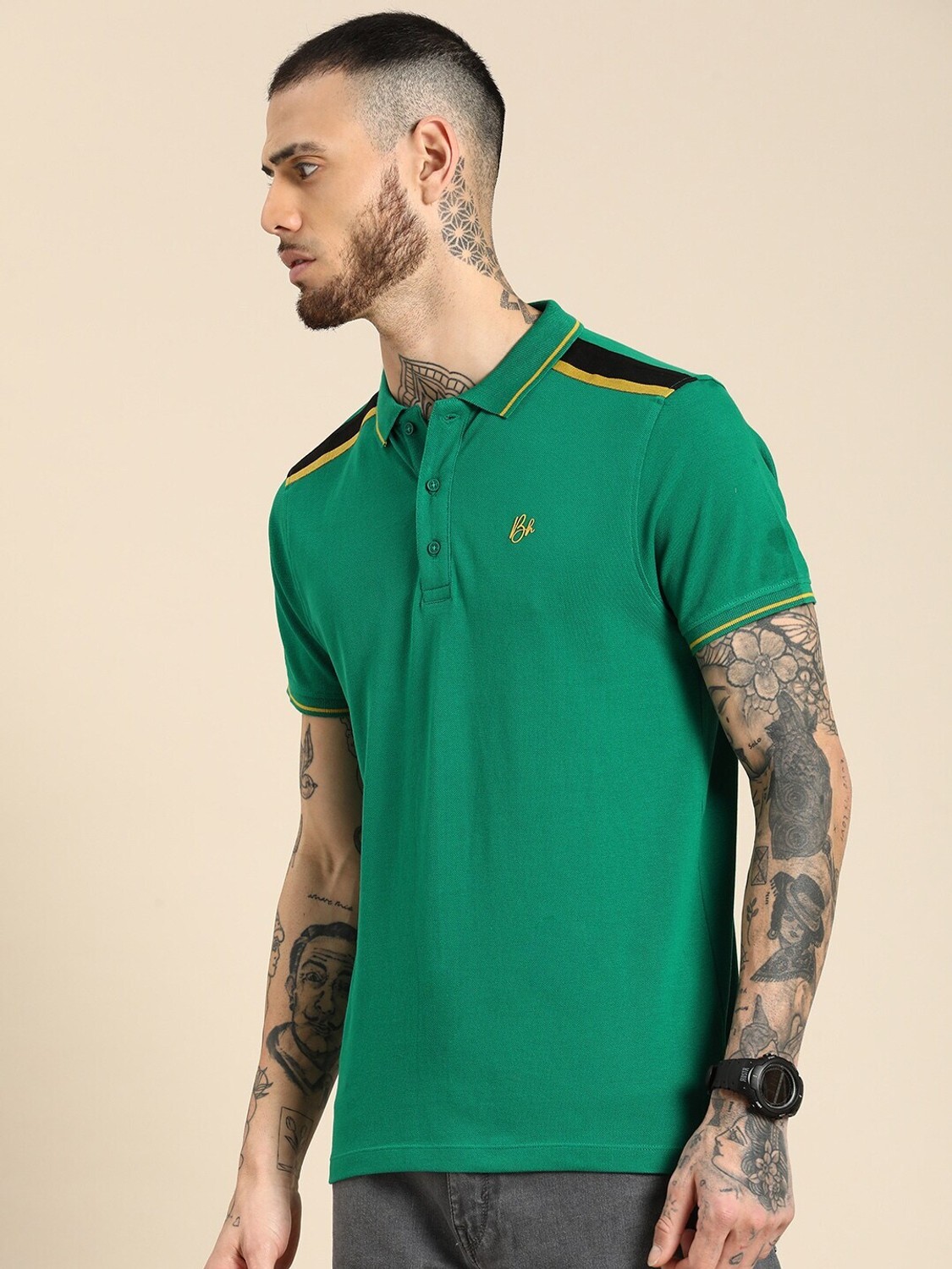 Image of BEING HUMAN Solid Men Polo Neck Green T-Shirt