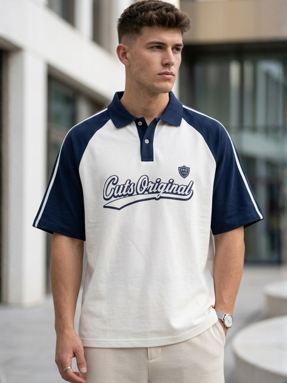 Image of Jump Cuts Printed Men Polo Neck White, Dark Blue T-Shirt
