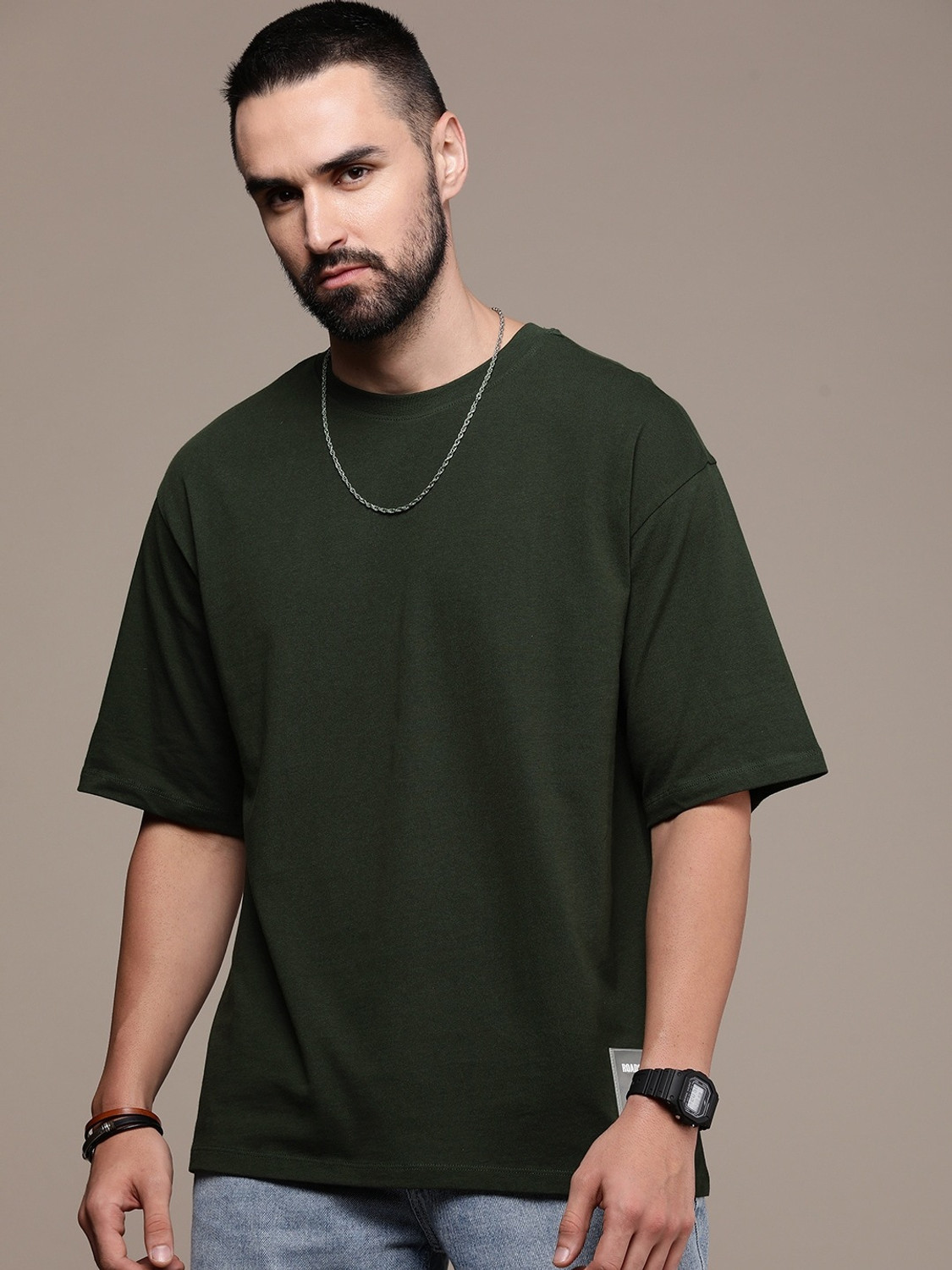 Image of Roadster Solid Men Round Neck Green T-Shirt