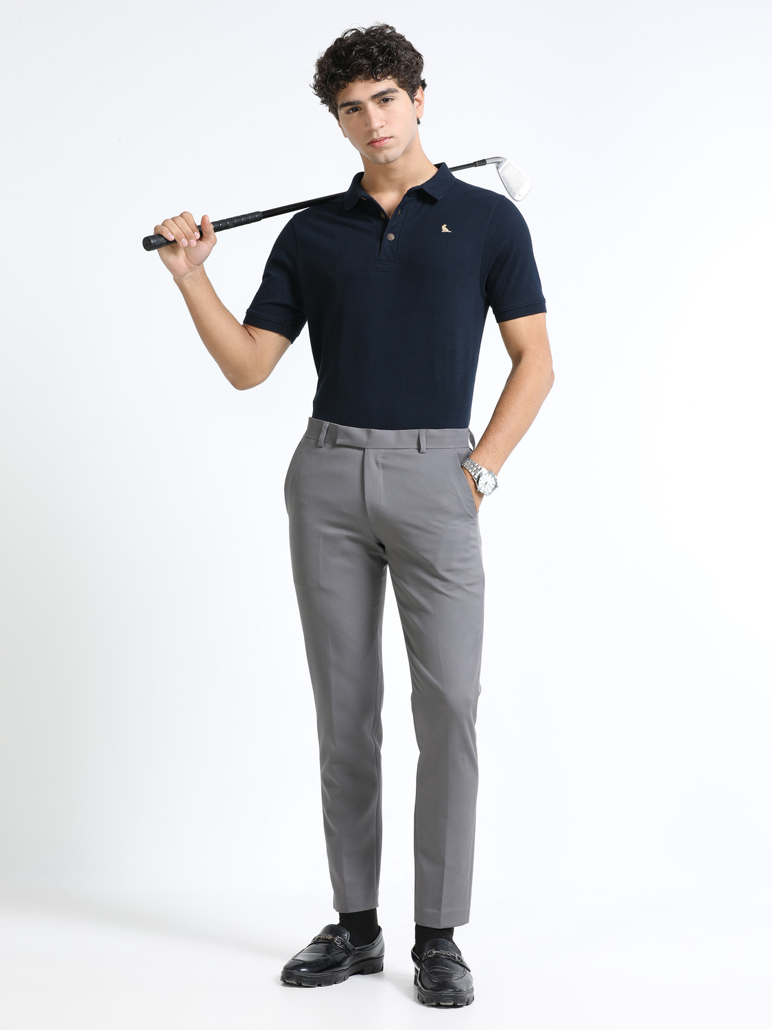 Image of estuna Solid Men Polo Neck Navy Blue T-Shirt