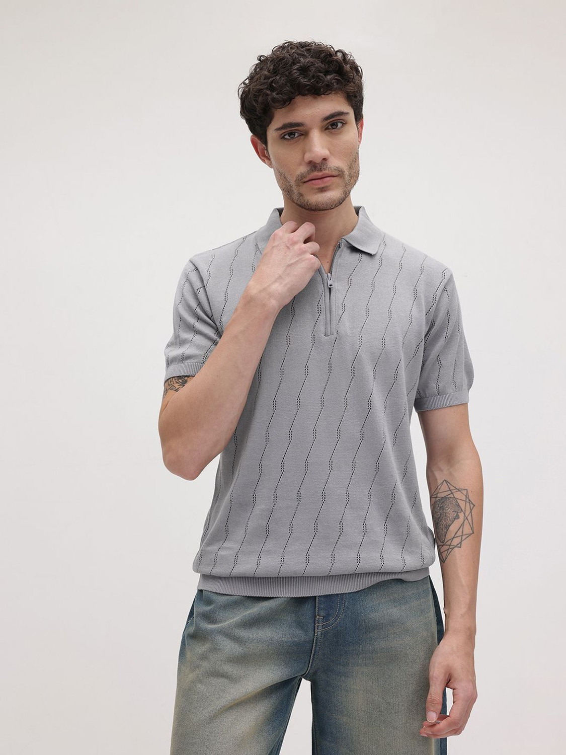 Image of Roadster Self Design Men Polo Neck Grey T-Shirt