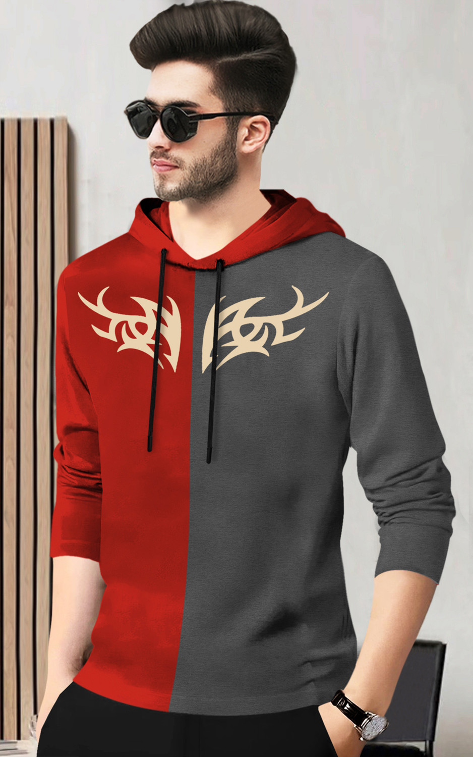 Image of BLIVE Printed Men Hooded Neck Red, Grey T-Shirt