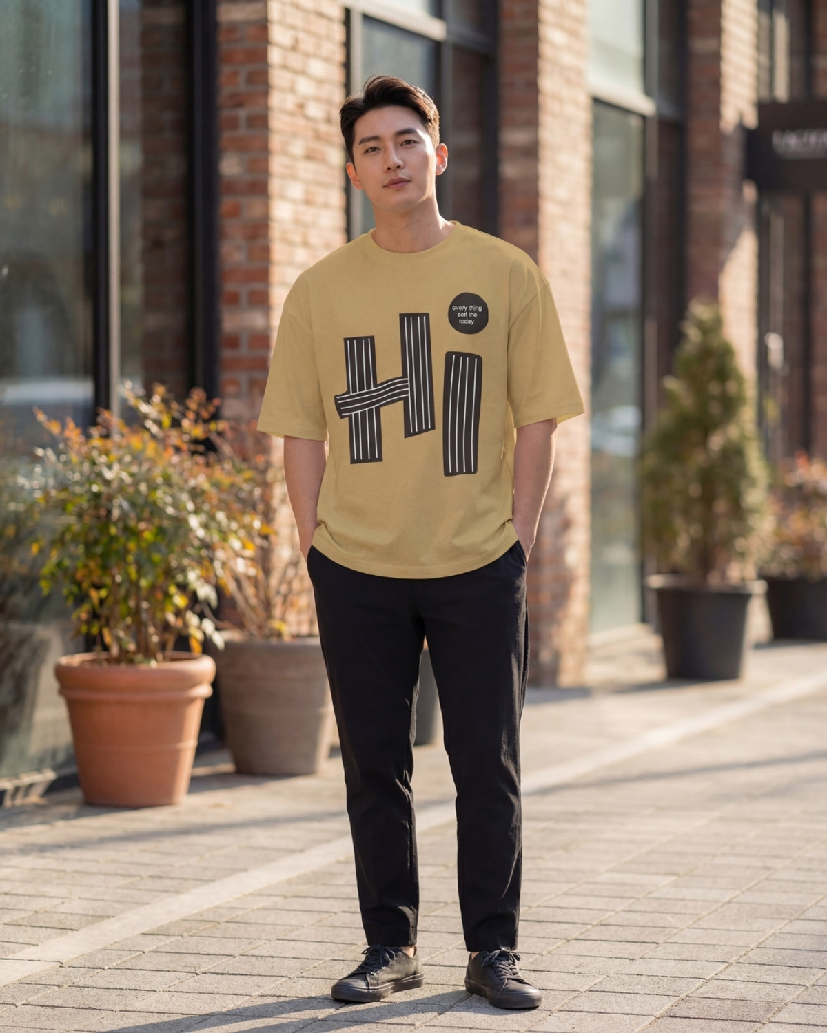 Image of FLYIND VOGUE OUTFIT Typography Men Round Neck Beige T-Shirt