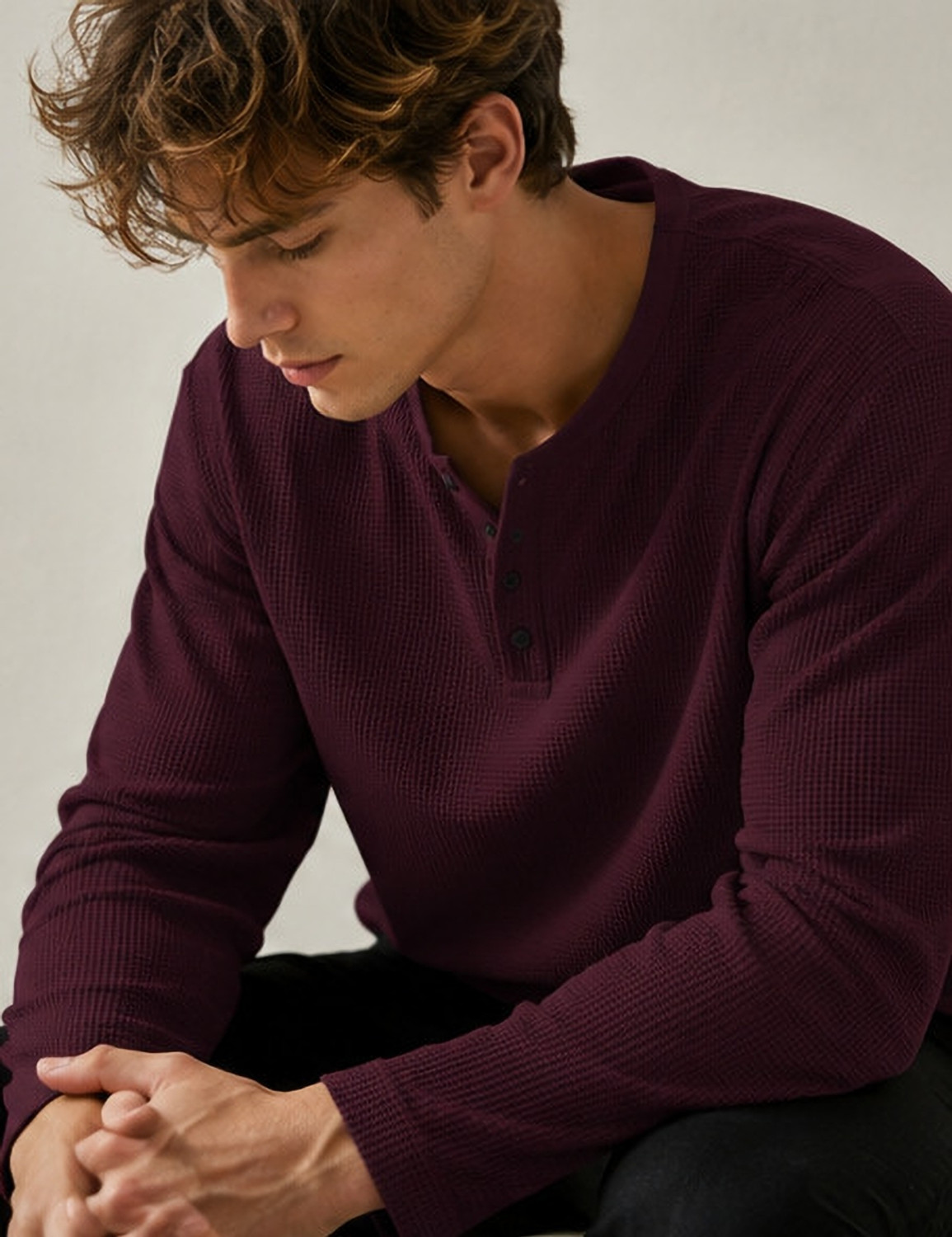 Image of NOOK Self Design Men Henley Neck Maroon T-Shirt