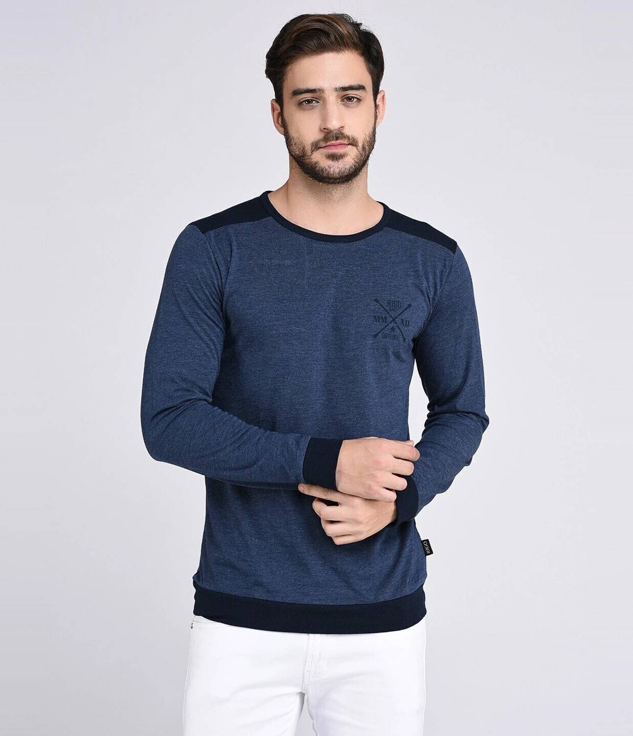RIGO Men Printed Round Neck Pure Cotton Dark Blue T-Shirt