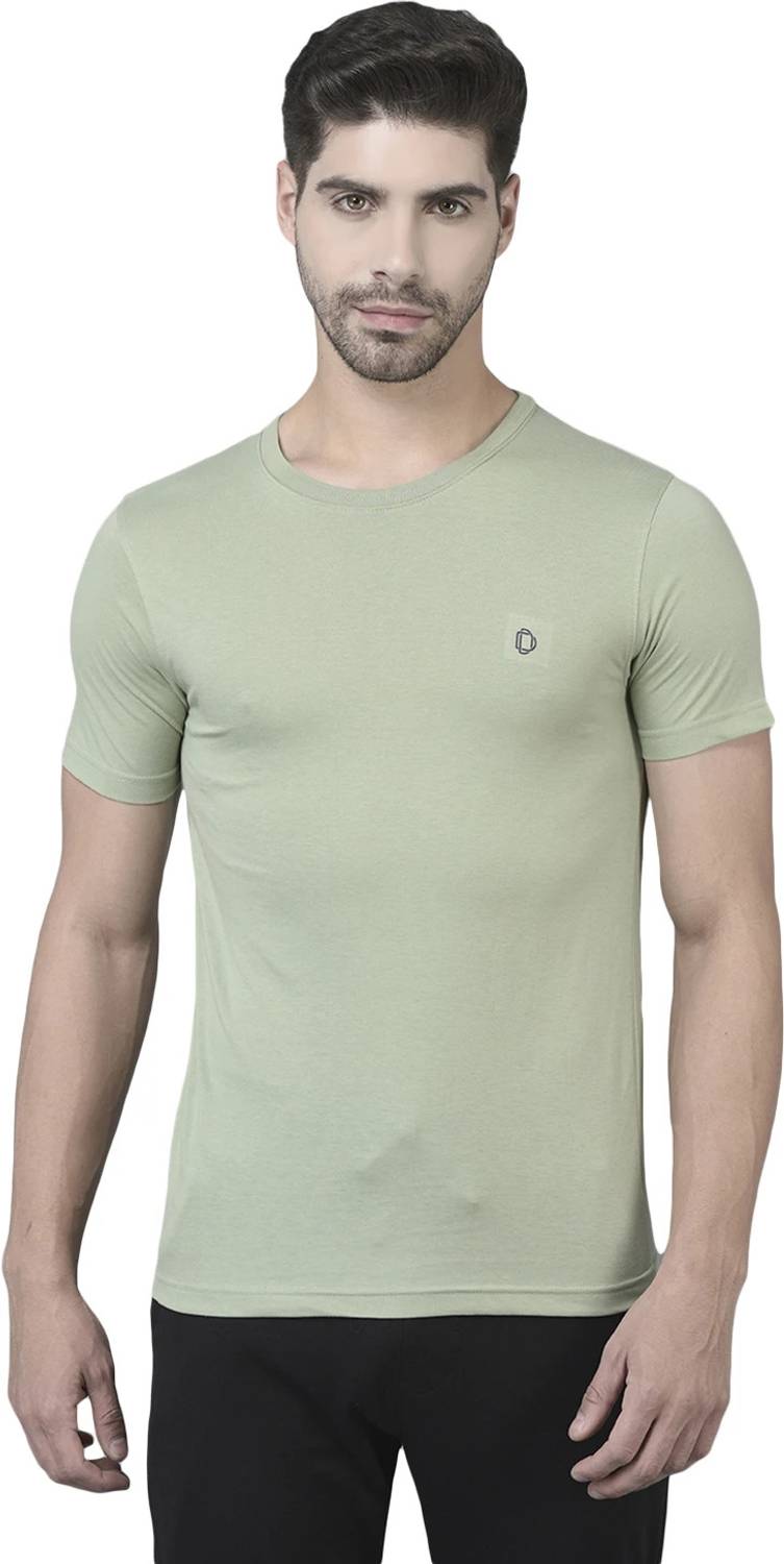 Dollar Men Solid Round Neck Cotton Blend Light Green T-Shirt