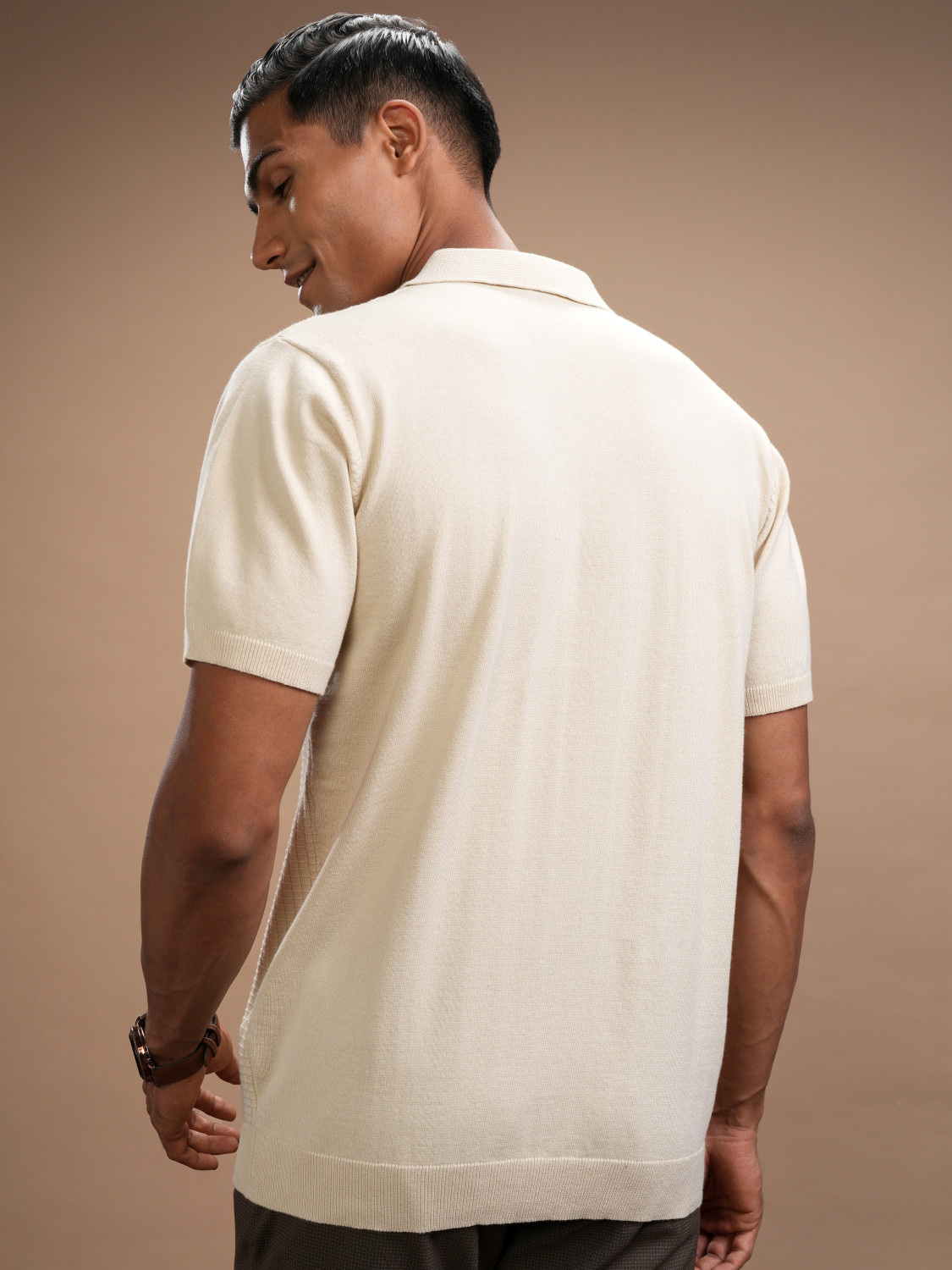 Image of HIGHLANDER Self Design Men Polo Neck Beige T-Shirt