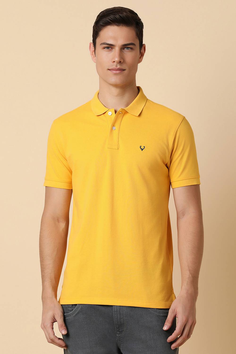 Allen Solly Men Solid Polo Neck Cotton Blend Yellow T-Shirt