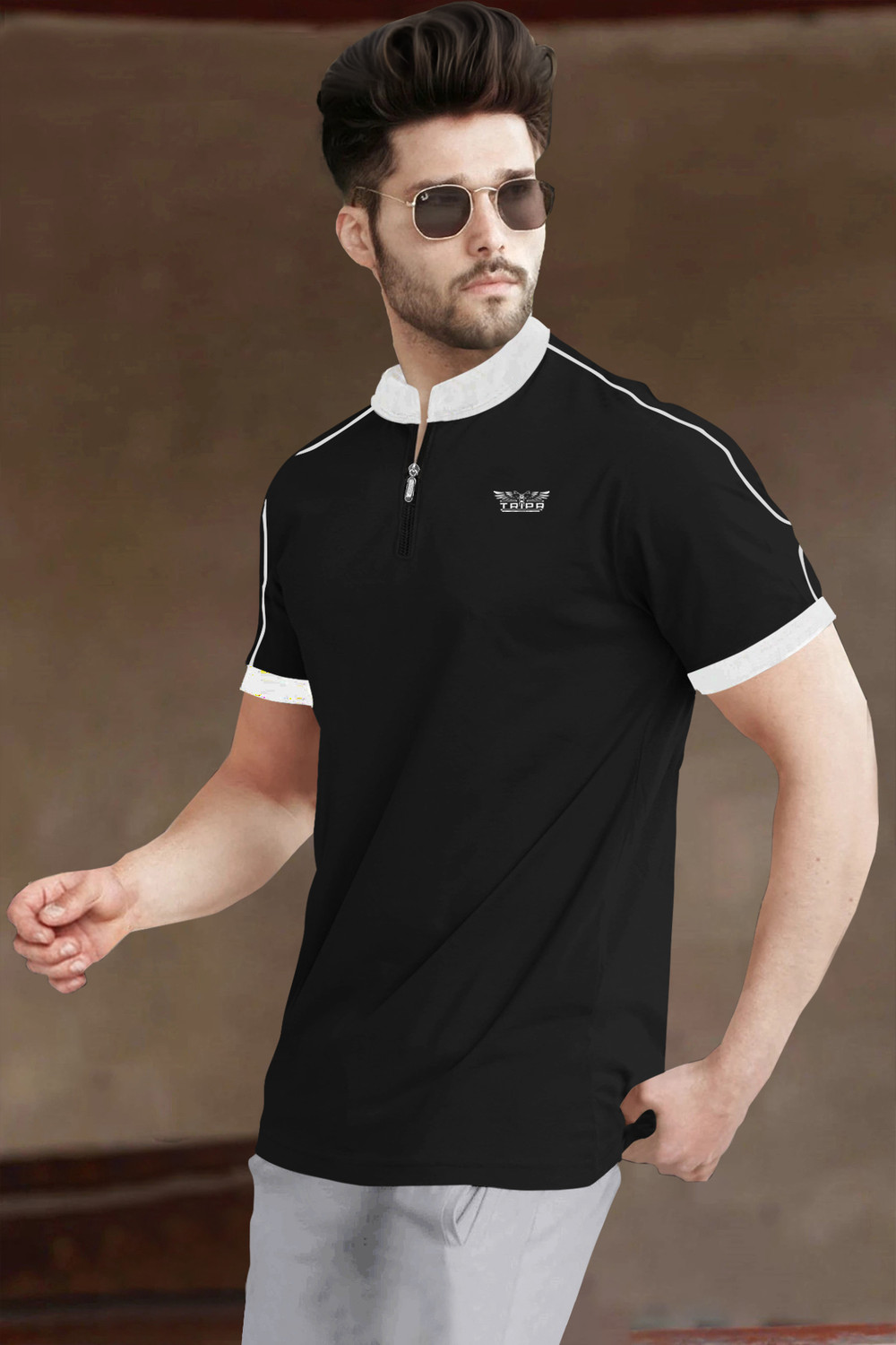 Image of TRIPR Solid Men Mandarin Collar Black, White T-Shirt