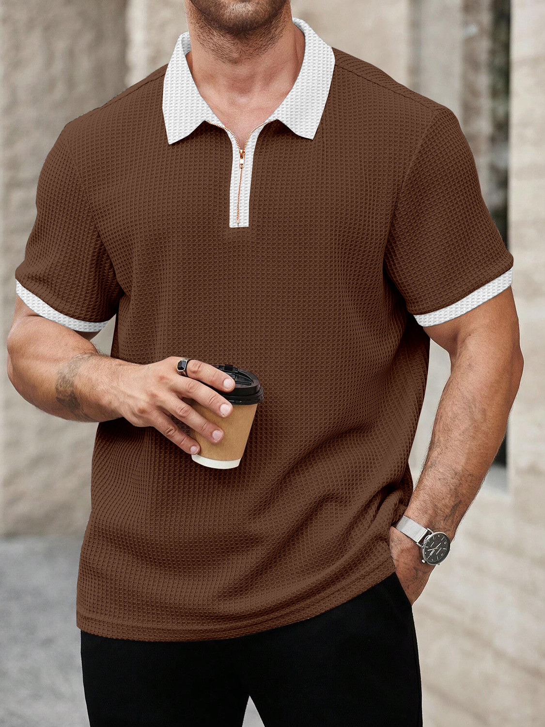 Image of KAJARU Self Design Men Zip Neck Brown, White T-Shirt
