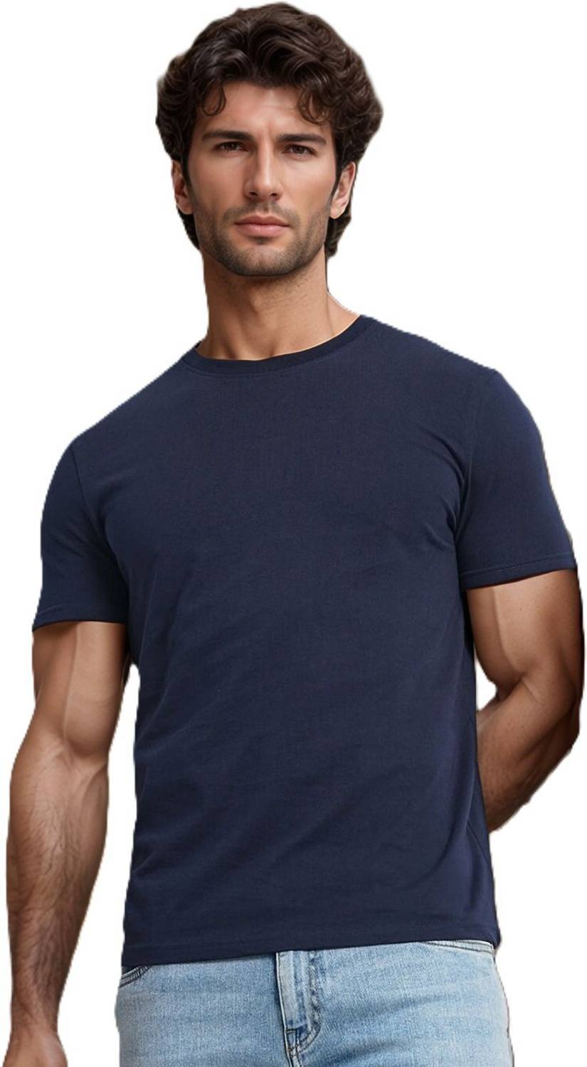 BlueFicus Solid Men Round Neck Navy Blue T-Shirt