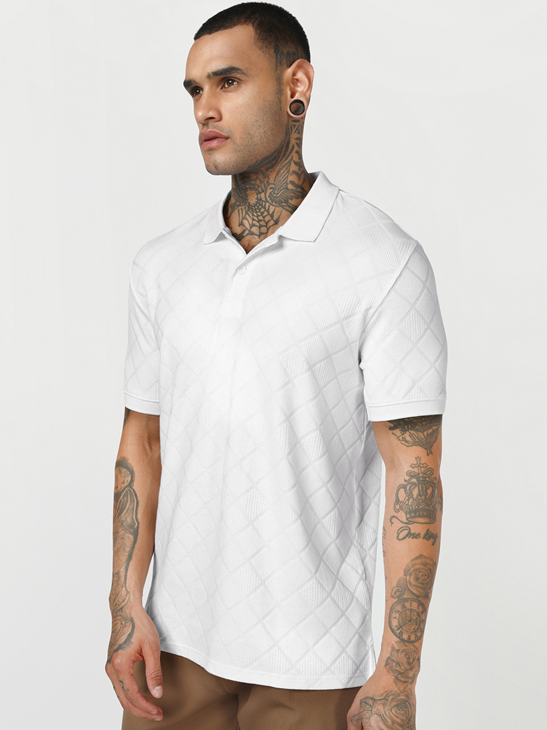 Image of BEWAKOOF Self Design Men Polo Neck White T-Shirt